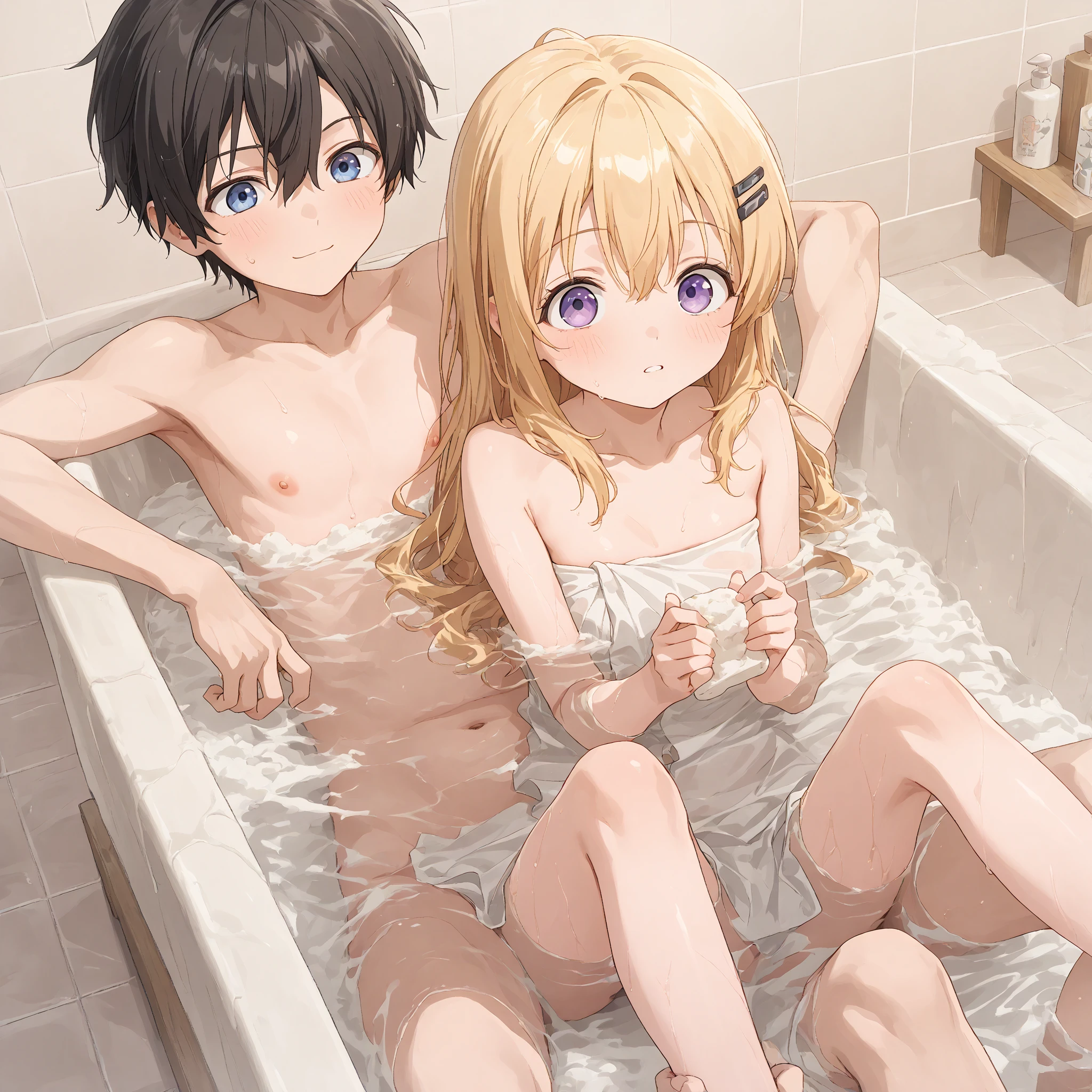 Big sister and little brother naked in the bathtub