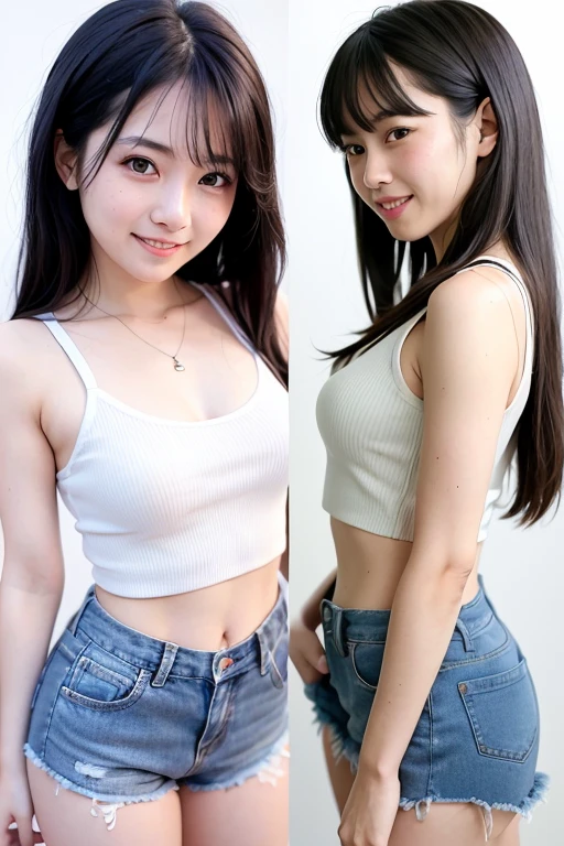 (Short denim hot pants、High leg、ass、White tank top、from below、Black Hair、belly button、smile、On the desert road、Groin)、Professional Lighting、thin、Adult female、Captivating thighs、Are standing、Large Breasts、Cleavage