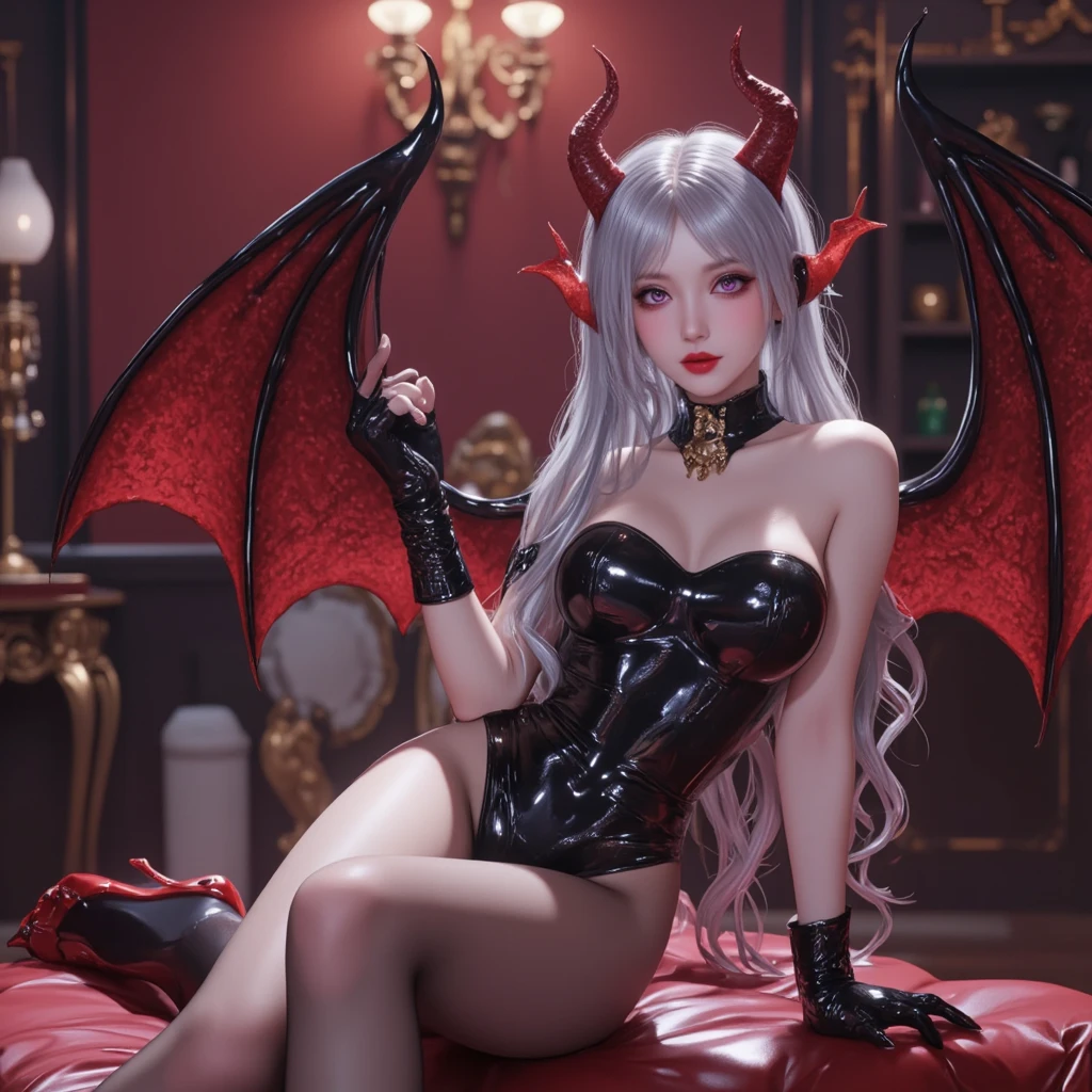 gorgeous demon girl, short silver hair, amber eyes, red and black horns, red and black dragon wings, red and black short sleeve body suit, chest exposed, blood sword, chains, evil grin, black high heel boots, black lace gloves, black lace necklace with rubies, dragon tail