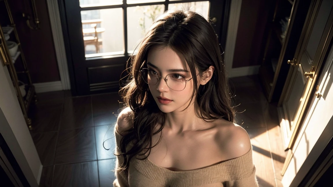 (best quality, masterpiece:1.3), (actual, photo actual:1.3), ultra high resolution, ultra high definition, Extremely detailed CG unified 8k wallpaper, sharp focus, Ridiculous, (actual skin, Delicate skin), (perfect anatomy), glossy lips, rest (cute face), (official art, Beautiful and beautiful), (1 girl), (Sweet smile), (happy), alone, Permanently installed, depth of field,hotel room,(((very big breasts))), (((shcool uniform without cleavage ))), hips up, medium hair, 18 years old korea woman, no make-up, wears glasses ((no shadow)), sexy pose, blue eyes