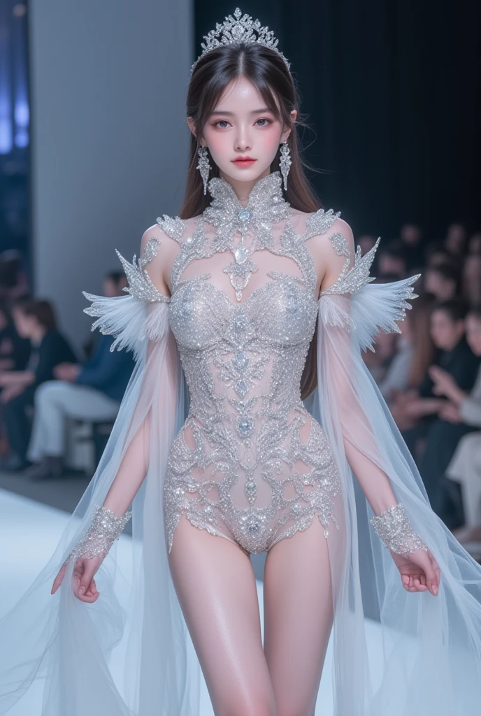 The models are in the hall々A dynamic scene of walking down the runway with、highest quality、16K high resolution、Super detailed、masterpiece、Live shooting、realistic:1.4、hyper realism:1.4、sharp focus、very delicate and beautiful、small details、1 female、alone、(full body shot:1.1)、(beautiful face:1.5)、(mature perfect body)、(detailed face:1.1)、(thin and beautiful eyes)、Perfect round eyes、(lip details)、(lipstick)、(eyeliner)、(mascara)、(eye shadow)、Spotlight、surrounded by a large audience、A model elegantly wearing a high fashion outfit.、The audience is mesmerized, and the atmosphere is vibrant and colorful, Capturing the essence of a high-end fashion show、(Clothes that expose your beautiful legs to the fullest)、At SFW