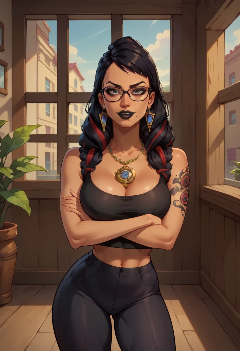 Dorlores, braids, white hair, tattoo, green eyes, light smile,
yellow-framed glasses,
detached sleeves, black dress, clothing cutout, cleavage, purple gem, collarbone,
sitting, upper body,
casino,
(insanely detailed, beautiful detailed face,beautiful detailed eyes, masterpiece, best quality),solo,
<lora:Dorlores:0.8>