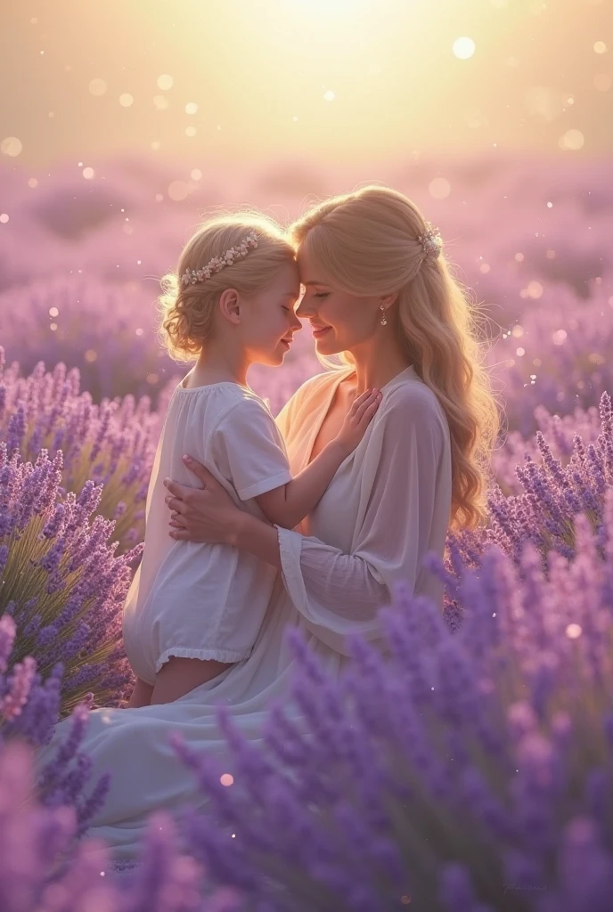 master piece of women sitting with her kid in garden of lavender