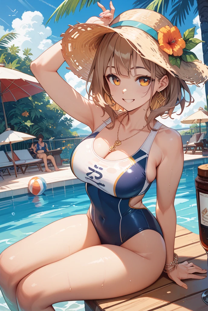 By the pool、Sit in a beach chair、Holding a martini glass、Drink a cocktail、ponytail、masterpiece, Highest quality, Very detailed, The finer details, Anime Style, One Girl, 22 years old, Cute Face、Large Breasts、Big Ass、Tight waist、from above, Beautiful Eyes、Dark brown hair, Shiny Hair, ((light brown eyes))、At the night pool、Colorful lighting in pink and blue、turquoise blue too very micro bikini,  Shallow depth of field