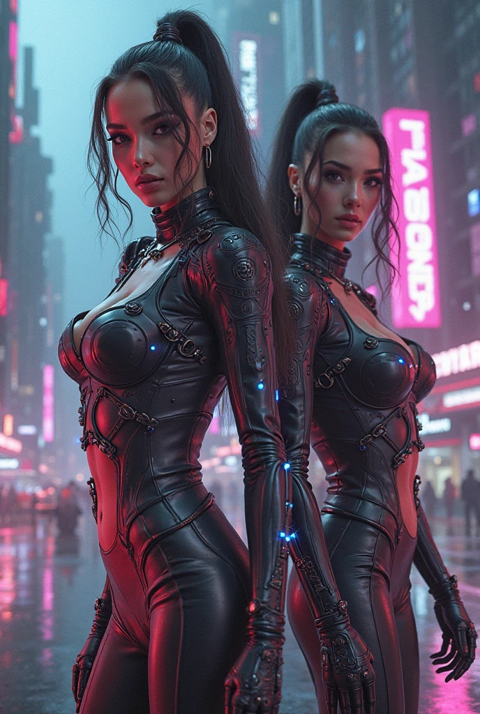 (beautiful arab identical twins in middle of composition:1.3), (((ultra detailed neon cyberpunk futuristic city ))),black long hair, detailed and intricate (((cyberpunk city background))), featuring high-tech holographic projections and sleek architecture, art by (((Syd Mead, Masamune Shirow))), highly detailed photo realistic, god rays, ultra sharp focus, ultra high quality, vibrant, (very enormous breast:1.7), (bare breasts:1.4), shiny latex is black, latex stockings, long hair, (shiny skin:1.4), shiny lips, very big ass, (symmetrical detailed face:1.7), toned, sexy, masterpiece