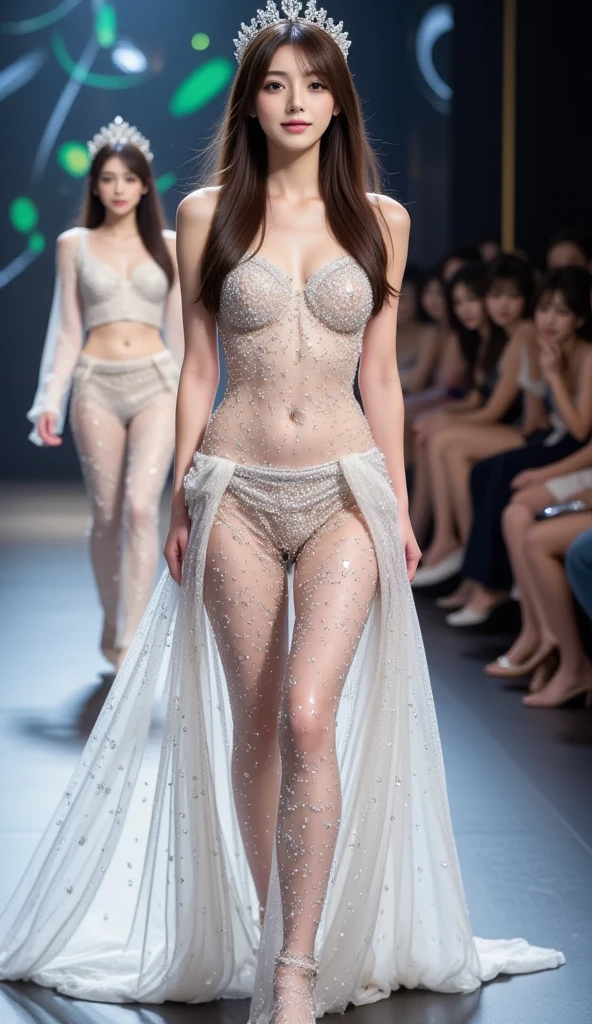 ((top-quality、8K、tmasterpiece:1.3)),Model walking on the runway in lingerie,long legged，Ethereal!!!!!!!，Bigchest，Barefoot，Guan Xiaotong， Ethereal!!!, big breasts thin waist