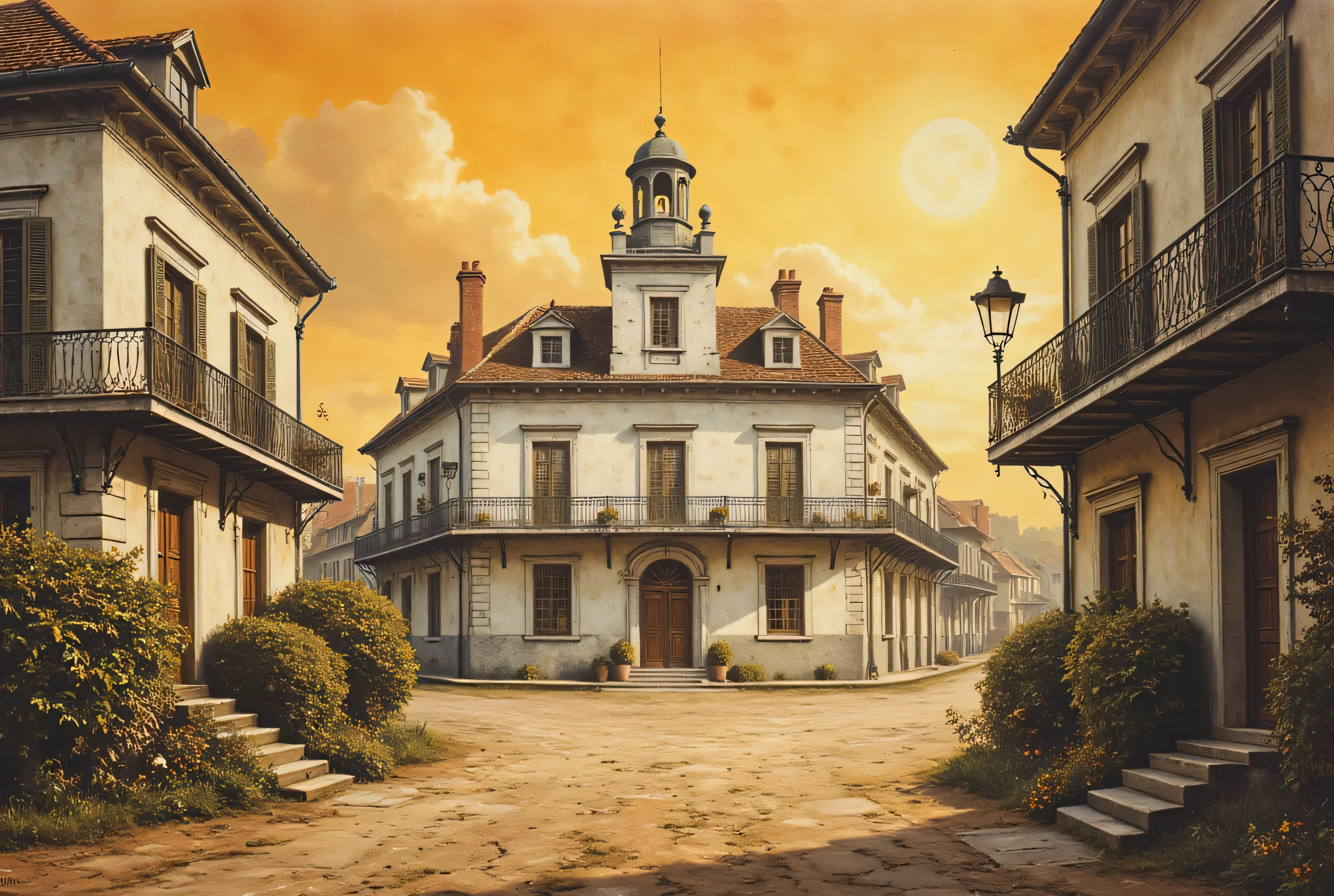 vintage pulp art, antqgldnCE style, pulp art style, 1800’s New Orleans, Colonial admin buildings, classical white buildings, colonial buildings, slums on outskirts, highly detailed art style