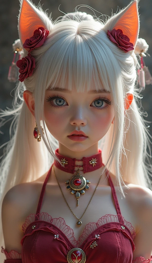 (masterpiece, Best Quality), intricate details, realist, photorealist, Full Body Portrait, Instagram Photo of a woman wearing aretes, Mary R., inspired by Emma Andijewska, wrapped in crystals,(masterpiece:1.3), (Best Quality:1.3), (Ultra-detailed:1.2), ((kawaii)), Cute, (lovely), ((sexy)), ((Extremely detailed)), 4K, (8K), Best Quality, (Beautiful), Illustration, anime style, (bold line:1.2), Gradation,(best quality, ultra-detailed, photorealistic: 1.39), bright and vibrant colors, studio lighting, (Perfect eyes:1.2), (Perfect iris:1.2), romantic kawaii expression, cute delicate smile, kawaii makeup, 17-year-old e-girl, short red dress, platinum braided and curl white hair, cat ears, big breasts, fit, long wavy hair, mercenary, Mary R.