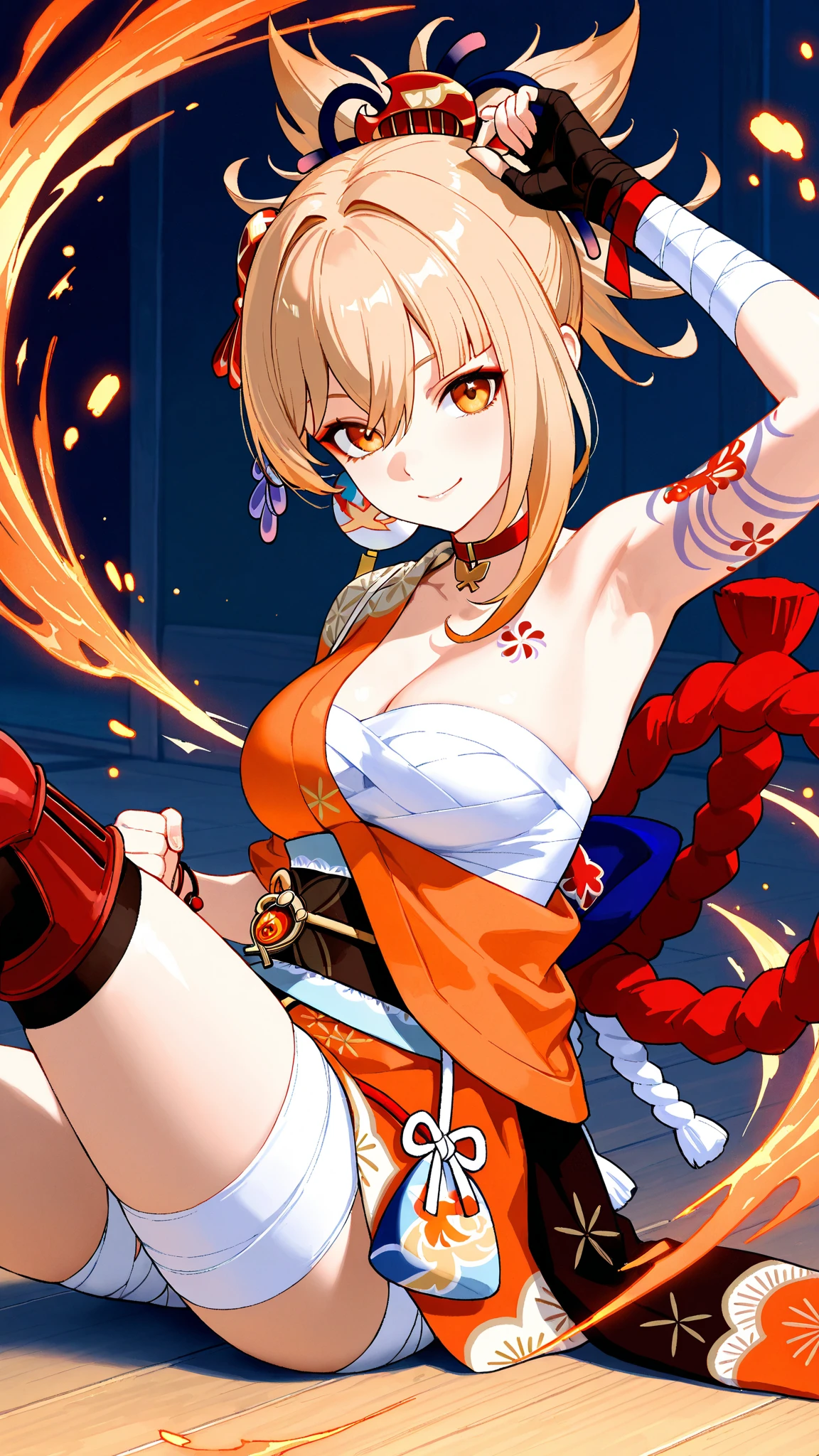 yoimiya, <lora:yoimiyatest:1>, yoimiya, arm tattoo, choker, hair ornament, light brown hair, long hair, sidelocks, BREAK (orange eyes:1.5), red choker, , BREAK arm tattoo, bandaged arm, bandaged leg, bandages, bracelet, chest sarashi, chest tattoo, cleavage, collarbone, fingerless gloves, fish tattoo, gloves, hadanugi dousa, japanese clothes, jewelry, kimono, kinchaku, obi, orange kimono, rope, sarashi, sash, shimenawa, single fingerless glove, tattoo, vision (genshin impact), wide sleeves, BREAK outdoors, city, fireworks, BREAK looking at viewer, BREAK <lora:GoodHands-vanilla:1>, (masterpiece:1.2), best quality, high resolution, unity 8k wallpaper, (illustration:0.8), (beautiful detailed eyes:1.6), extremely detailed face, perfect lighting, extremely detailed CG, (perfect hands, perfect anatomy),
seductive smile, sexy pose, aroused, playful,