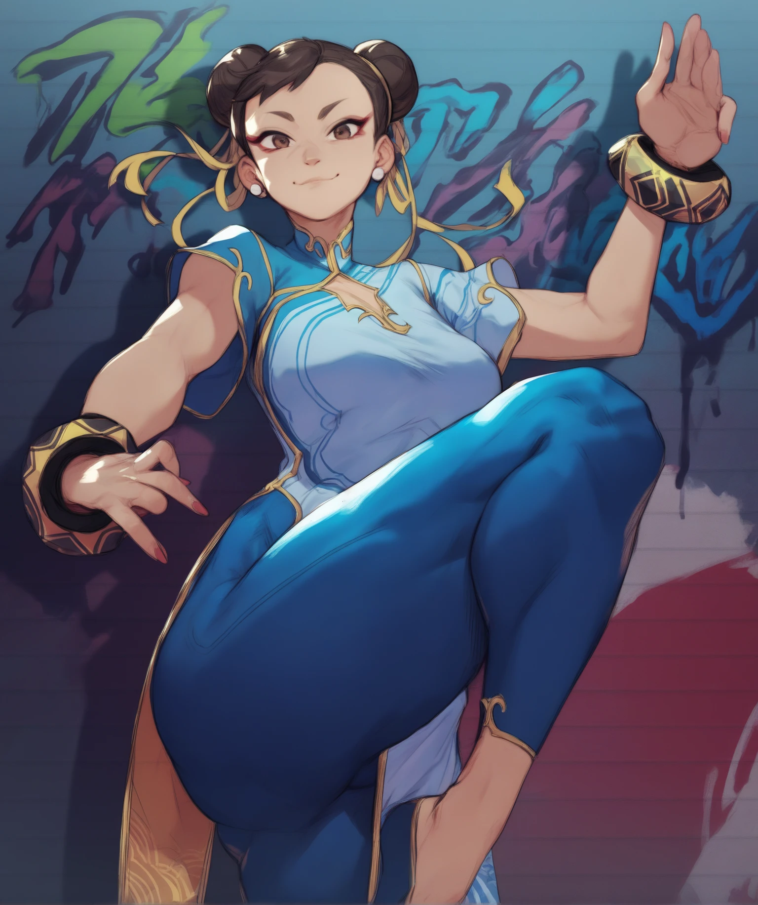 masterpiece, beautiful, 1girl, Chun li, street fighter, boots, bracelet, brown eyes, brown hair, brown pantyhose, bun cover, blue china dress, chinese clothes. cross-laced footwear, double bun, dress, fighting stance, full body, hair bun, jewelry, pantyhose, pelvic curtain, sash, short hair, solo, spiked bracelet, spikes, blue dress,