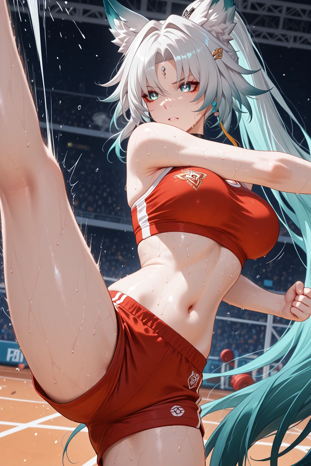 High quality、highest quality、complete limbs、Ultra high definition、Sparkling eyes、full finger、slender beauty、cheerleader、knee high、Wearing an all-red school swimsuit、shiny skin