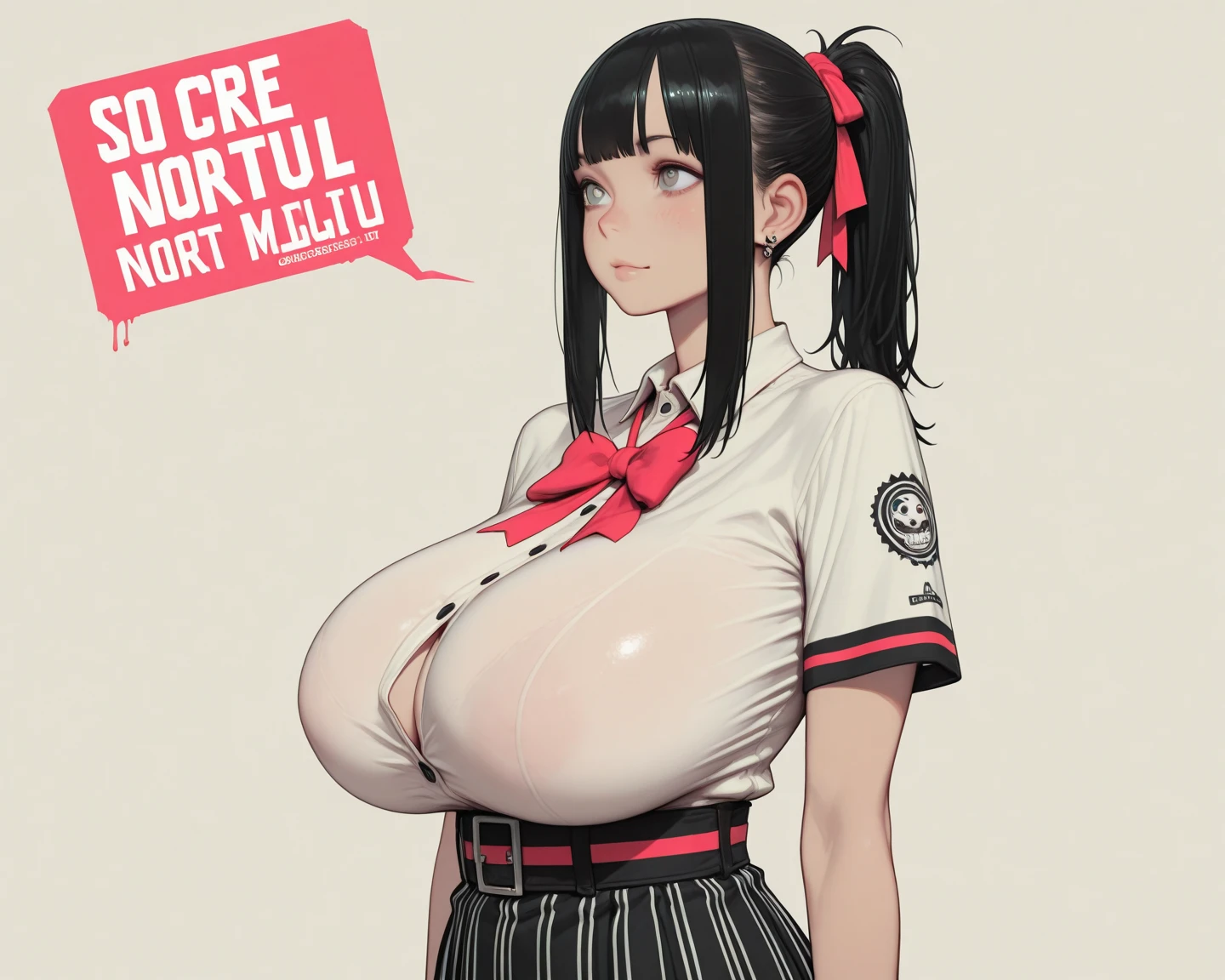 masterpiece, best quality, full body, 1girl, bangs, black tie, black hair, blue pants, blush, bracelet, breasts, clothes around the waist, collarbone, collared shirt, cowboy shot, dress shirt, piercing ear, eyebrows visible through hair, gradient hair, smile, jewelry, long hair, looking at viewer, loose tie, cravat, piercing, plaid, dress pants, brown eyes, ring, shirt, pants, smile, solo, white shirt , street, sky, cherry blossoms, petals, illustration, (magazine: 1.3), (cover style: 1.3), elegant, woman, vibrant, outfit, posing, frontal, colorful, dynamic, background, elements, confident , expression, holding, statement, accessory, majestic, curled, around, touch, scene, text, cover, bold, attention-grabbing, title, stylish, font, captivating, headline, biggest, impressive, modern, trendy, focus , fashion,