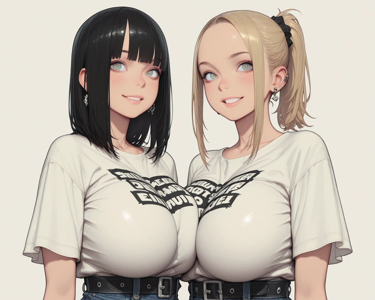 2heads, tall thin woman with 2 heads. Massive breasts. Mature. At a concert. Drinking a beer. Black T-shirt with colorful band logo. Jeans. Deep cleavage. Messy hair. Happy. Smiling. Blushing. Cool expression, smug. Think eyeshadow. Seductive. Pulling shirt, touching breasts. Huge thighs. Extremely huge breasts. Girlfriend. Selfie, POV selfie, talking a selfie.