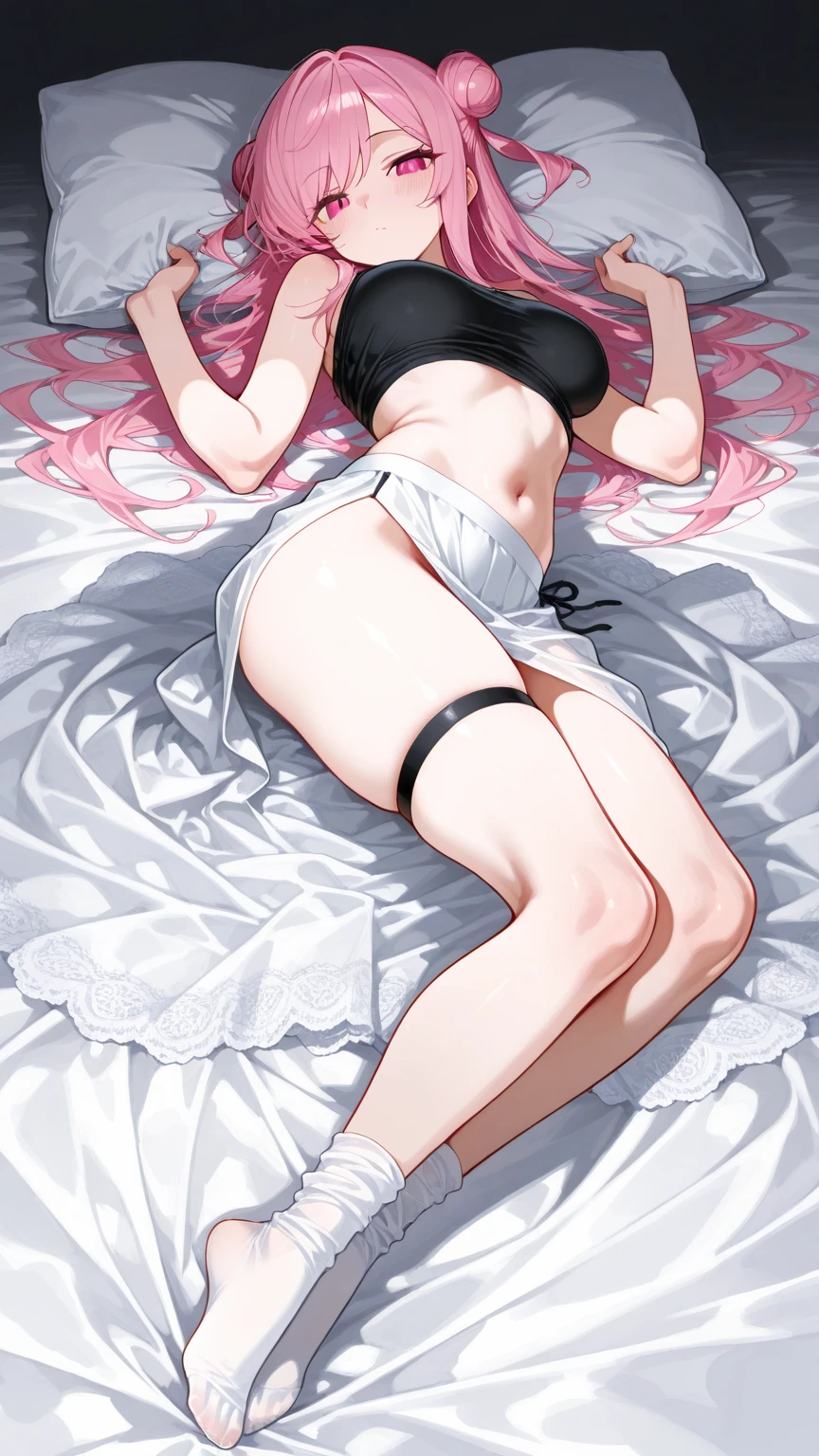 Masterpiece , best quality , Masterpiece , best quality , 1 woman , pink long hair , bulge , be unconscious , black bikini , abdomen , big breasts , Long legs , Barefoot , Lie down on the floor. , Spread your legs , lock both hands , surgical bed
