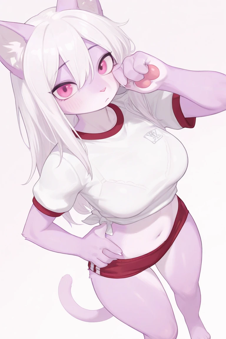 Boy, White hair, hair flutters in the wind, licks lips. pink freckles, breast bundle, Pink eyes, (black sclera on the right eye, heterochromia), Ideal Anatomy, (Best quality, masterpiece:1), fluffy, boy, antro, 4 hands, Gold Tooth, huge bun on chest,, Smirk, hourglass figure with sharp teeth, body, mixing, Ray tracing, Backlight, blossom, mixing, falling shadow, granularity, Fill an image, halftones, movement lines, optical illusion, anaglyph, express lines, vignetting, scan lines, uhd, retina, masterpiece, accurate, Anatomically correct, textured leather, super detail, high detail, Body hair, pink robe, bare waist, fluffy халат, hair on the chest. arched back, wide hips, Fluffy legs visible back , furry back, Pink scarf around the neck, holds breasts with both hands, leaned forward, leather belt on the waist, Silver plaque on a belt, long hair , hand on hip,