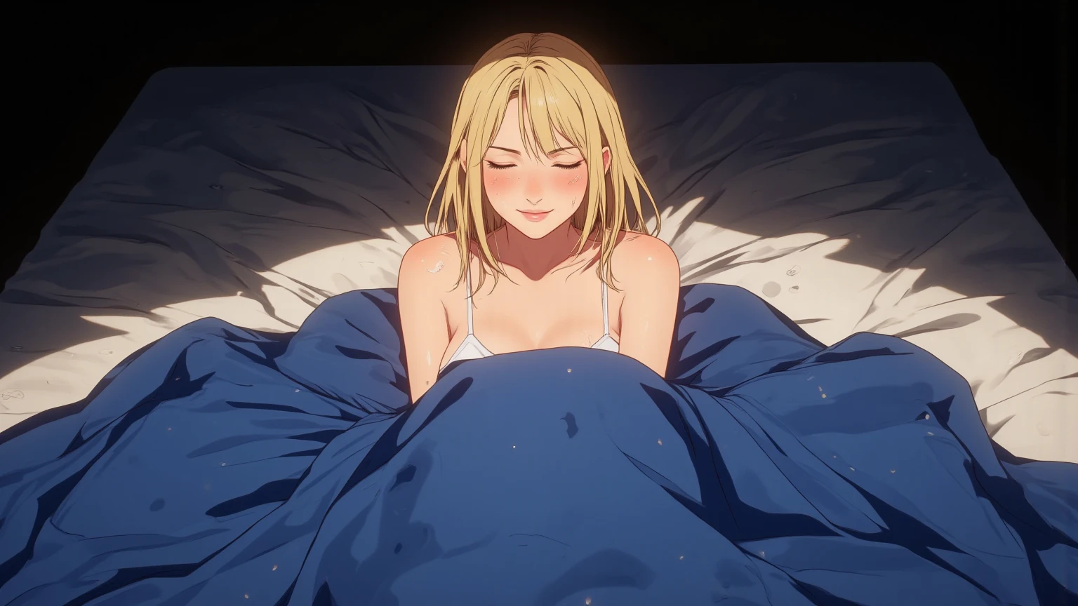 Amante, 1girl, solo, laying down, bed, happy, side view, pajamas, eyes closed, eyes closed shut, sleeping, moon light, night, perfect quality, good quality, masterpiece, HDR, UHD <lora:Amante:0.7>