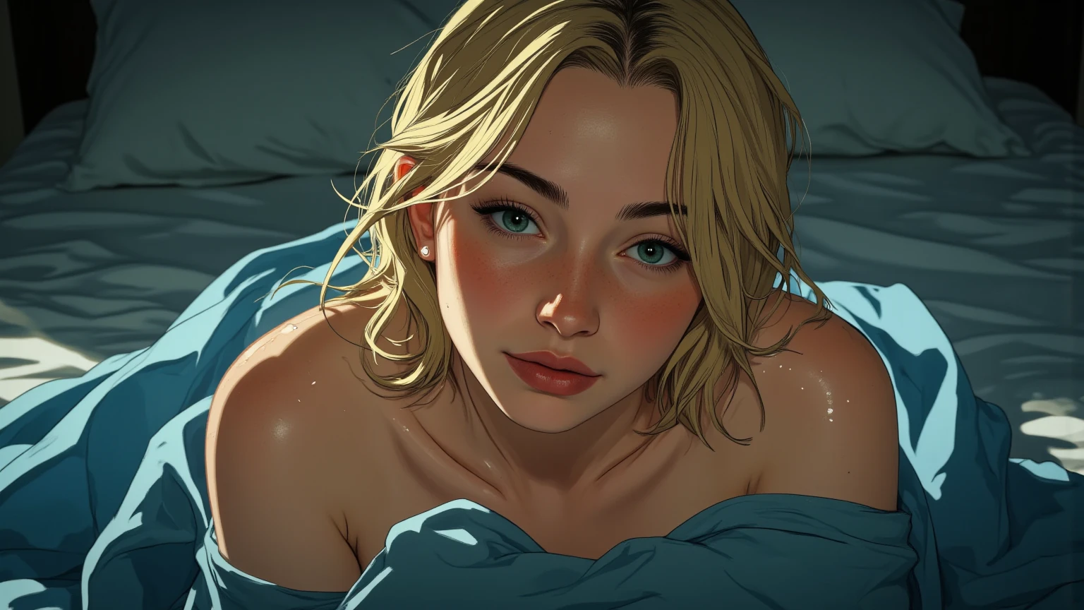 view from above, top view, from above, lying, a (girl in BLUE underwear) lies on a blue double bed, portrait, close-up,
adult, [Nordic], perfect Olive skin, Oval Face,  Rounded shoulders,  Attached Pointed ears, round forehead, ((Short blonde Waves pixie hair)), snub nose, Arched eyebrows, Monolid blue Eyes, High Round Narrow cheekbones, Dimpled Cheeks, Rounded Chin, Rounded Jawline, Full nude Lips, Nude Makeup Look, long eyelashes, 

graphic style of novel comics,dark novel, 2d, 8k, hyperrealism, masterpiece, high resolution, best quality, ultra-detailed, super realistic, Hyperrealistic art, high-quality, ultra high res, highest detailed, lot of details, Extremely high-resolution details, incredibly lifelike, colourful, soft cinematic light,