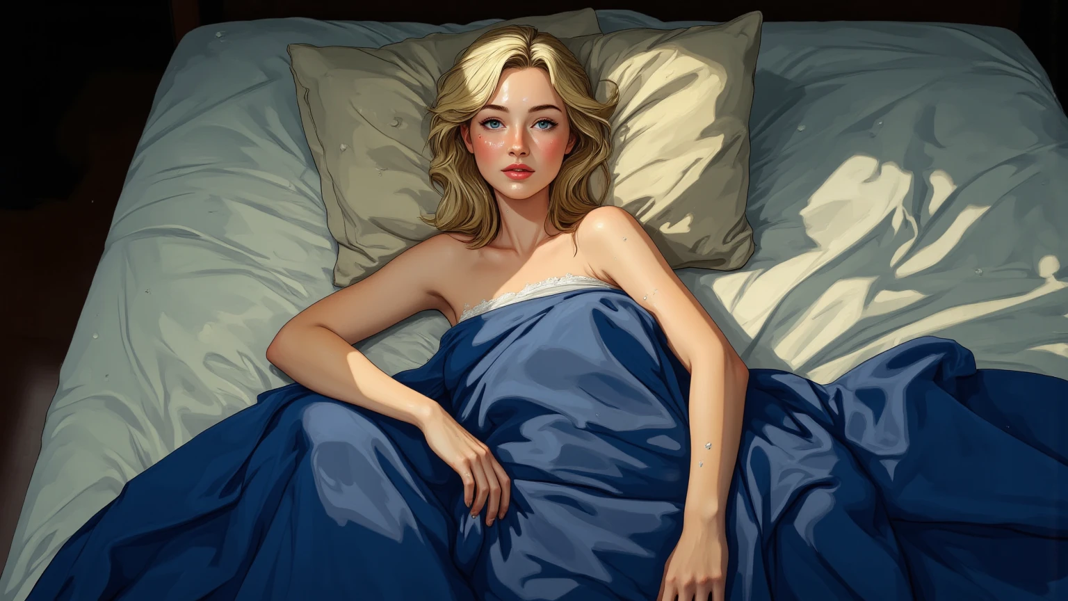 an 18-year-old girl lying, asleep in her bed, eyes closed, dressed in light blue pajamas, neckline on the shirt you can see her neck and chest, in a large modern room, seen from one side of the bed