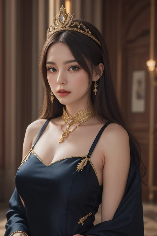 a beautiful young korean idol woman, 1girl, extremely detailed eyes, long eyelashes, beautiful detailed lips, flawless skin, elegant expression, intricate jewelry, detailed clothing, cleavage, small breasts, (best quality,4K,8K,highres,masterpiece:1.2),ultra-detailed,(realistic,photorealistic,photo-realistic:1.37),studio lighting,HDR,vivid colors,professional photography