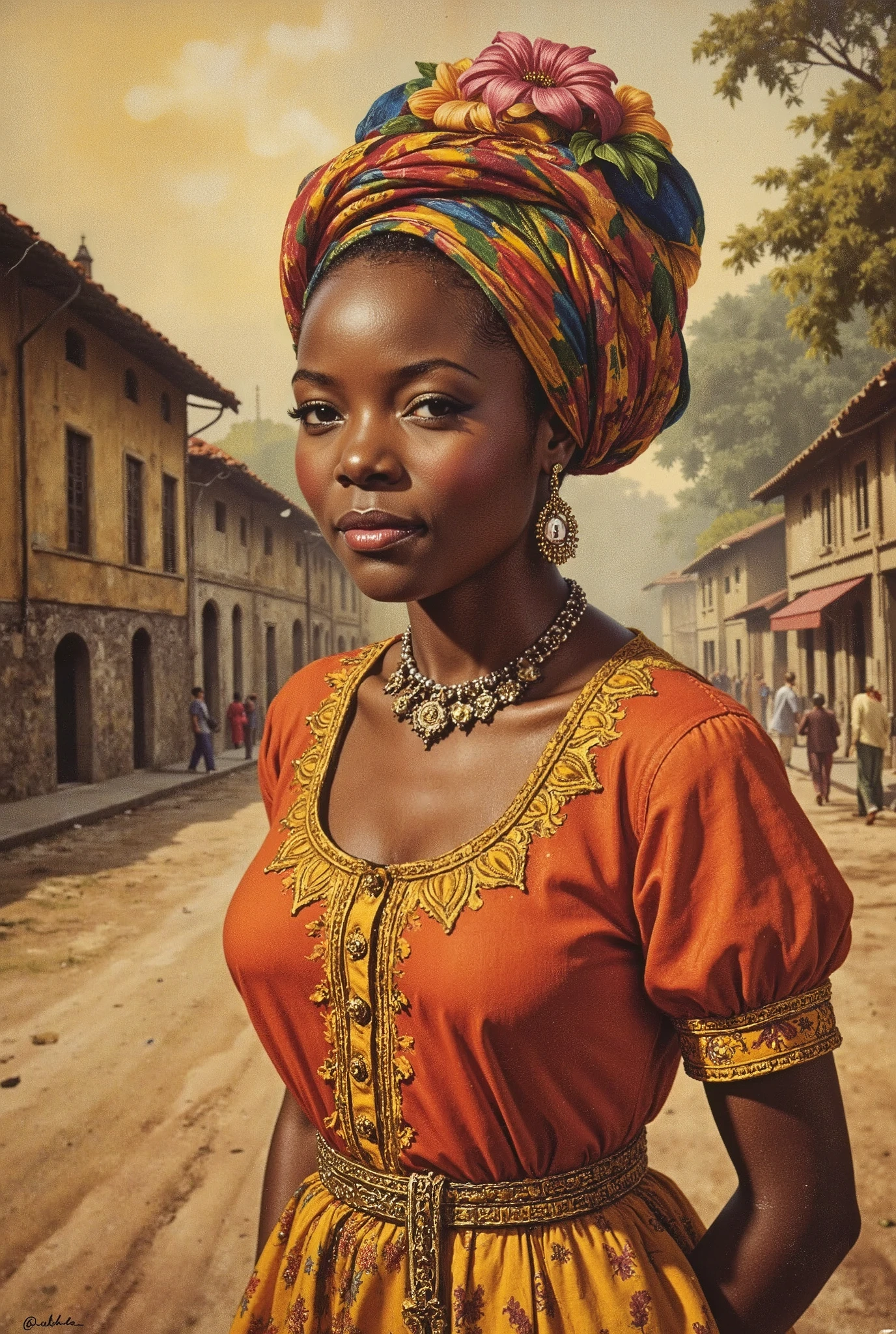 vintage pulp art, antqgldnCE style, pulp art style, 1woman, Congolese, lavish clothes, brightly-colored clothes, colonial Congo, 1800’s Congo, city background, highly detailed art style
