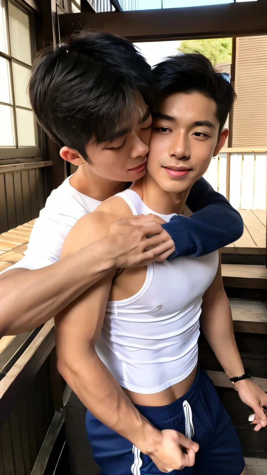 Men playing in the rain with just little white underwear they are teenagers