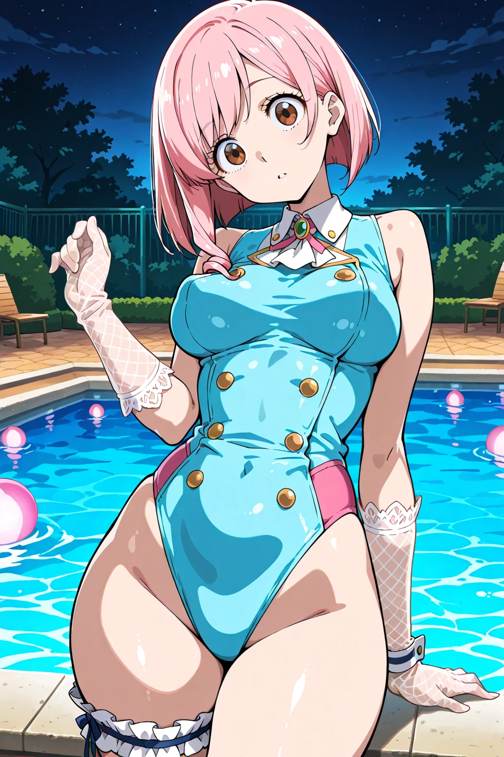 (Perfect body),Best Quality,(8K Portrait),(Official art)、((NSFW))、(((Lori)))、((Short stature))、(((Brown skin)))、Police Hat、((smirk grin))、(((put out the tongue)))、embarrassed from、1girl in,(blush),(Sweat),(((flat chest)))、(thick thighs)、(big butts)、((Pink hair))、(Short hair)、(((Wavy Hair)))、((Gold Bikini))、(Torn clothes)、 (yellow eyes)、Hands behind the head、Armpits、(spreading legs)、(Squatting)、Cowboy Shot、in poolside、
