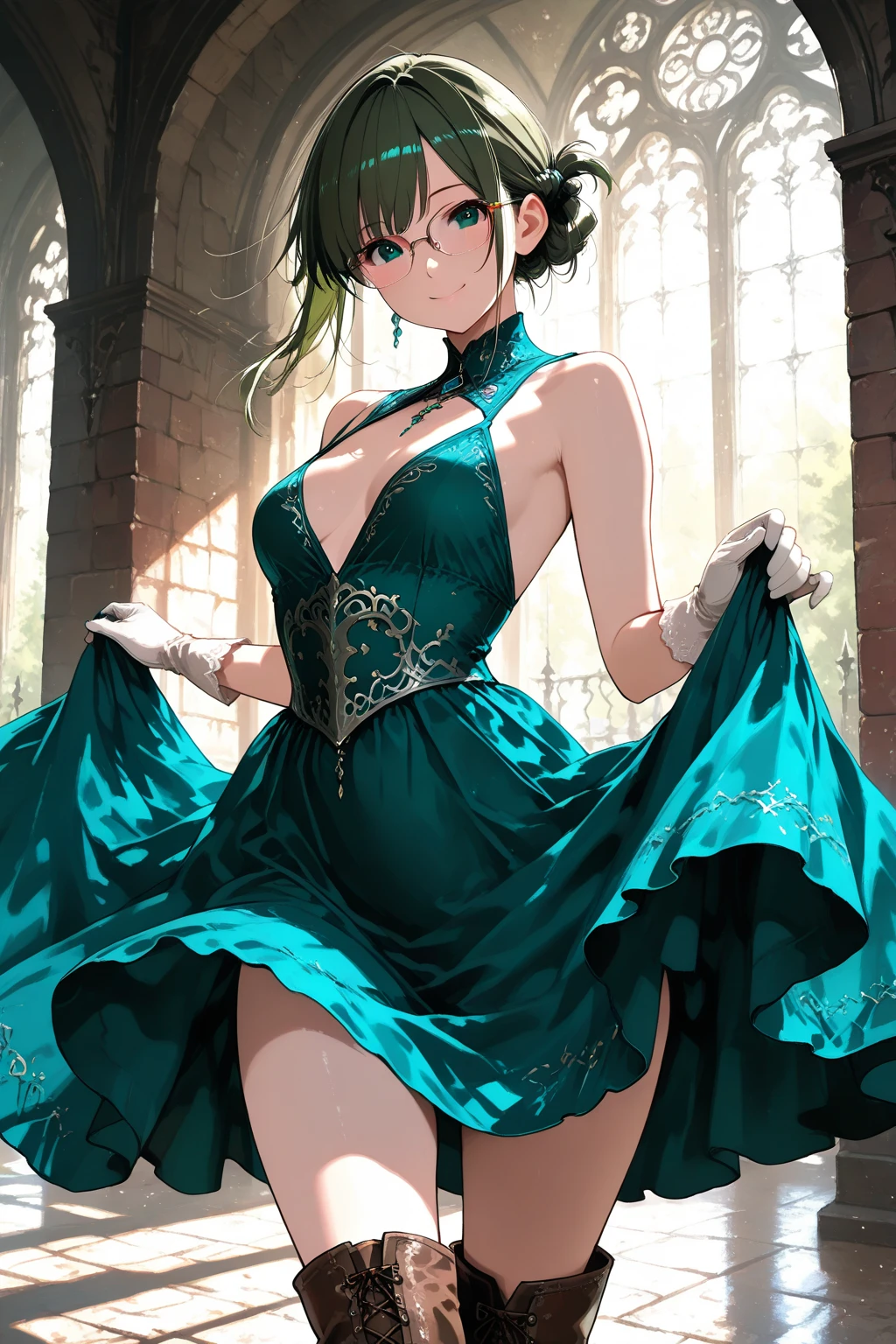 bride，Sense of atmosphere, best qualtiy，tmasterpiece，1girll，30-years old，Green dress，chies，full body Esbian, Green gloves，With short black hair,,，big breasts beautiful，looking at viewert，ssmile，Green Bridal Veil，Green Long Grove，Satin green long gloves,　lipsticks, Green Pearl Necklace, Short black hair, Pearl and emerald necklace, emerald tiara