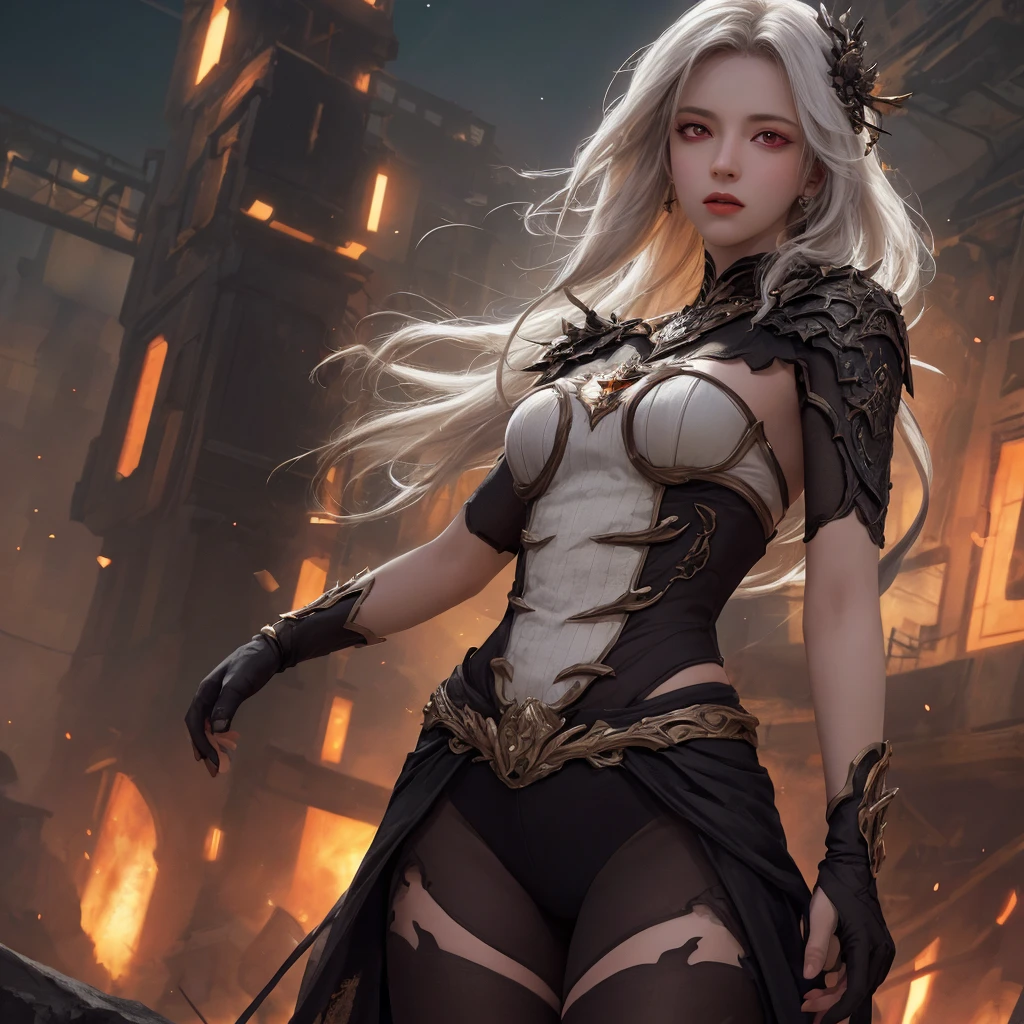 ８k、Masterpiece、nsfw、２Bookの手、２Bookの脚、Fingers and toes５Book、long wavy platinum blond hair、20-year-old woman,Accurate anatomy、Perfect Body、Perfect Body、Perfect Face、An expression that invites a man、blue eyes、 She slightly opened her red lips、Standing in a defiant stance with a determined look on his face. She is wearing a black leather leotard., Tight fitting leotard、Big Breasts、Her breasts are spilling out of her leotard、Curved waist、Big Ass、Elbow-length leather gloves、Black garter belt、Black fishnet stockings、、Knee-length boots、Put a belt around your waist、Holding a long sword、A dagger is tucked into his long boots、He carries a longbow on his left shoulder.、He carries a quiver on his right shoulder.。 The mysterious light behind her、It adds a dramatic touch to this powerful body.。