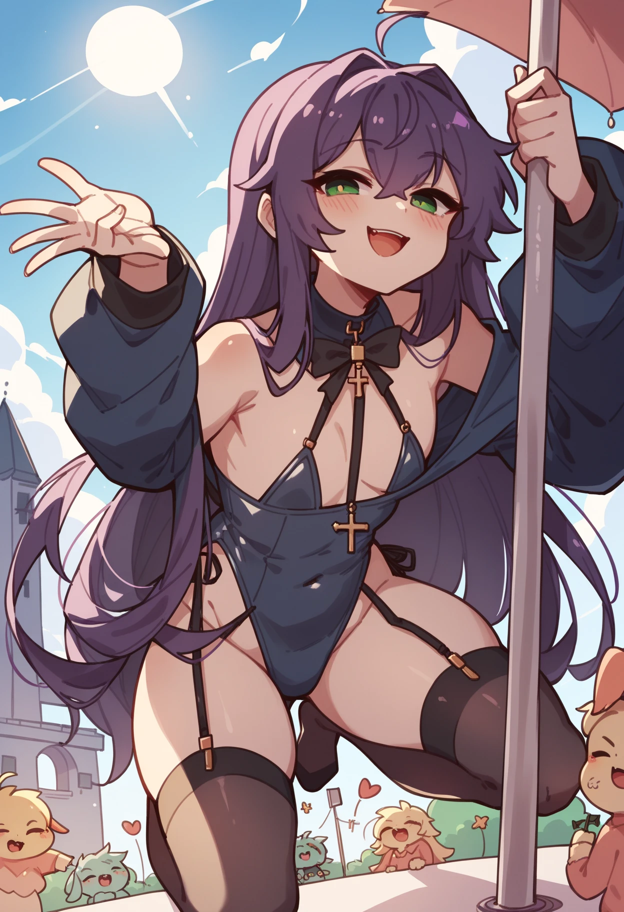 1girl, solo, huge breasts, cleavage, Chubby, (((((blindfold))))), (((chain leash, animal collar, animal collar connected chain leash))), (((hands on the ground, on all fours))), masterpiece, best quality, ultra detailed, super fine illustration, purple hair, nsfw, sexual ecstasy smile, voluptuous, fair skin, perfect proportion, gleaming skin, oil skin, shiny skin, twin tails, perfect limbs, perfect legs, two legs, both legs, evil smile, rape face, dimpled smile, full face blush, fucked silly, stick out tongue, long tongue, tongue out, open mouth, vulgarity, sweat skin, full body, perfect anatomy, nice body, teeth, smile broadly, bare shoulders, panties, thighhighs, underwear, covered nipples, tiara, twintails, purple hair, purple legwear, dare thighs, armpits, detached sleeves, ((((midriff)))), thigh boots, thigh heels, bridal gauntlets, circlet, purple footwear, pubic tattoo, fingerless gloves, dare fingers gloves, bangs, dare ass, ass skin, back, walking,