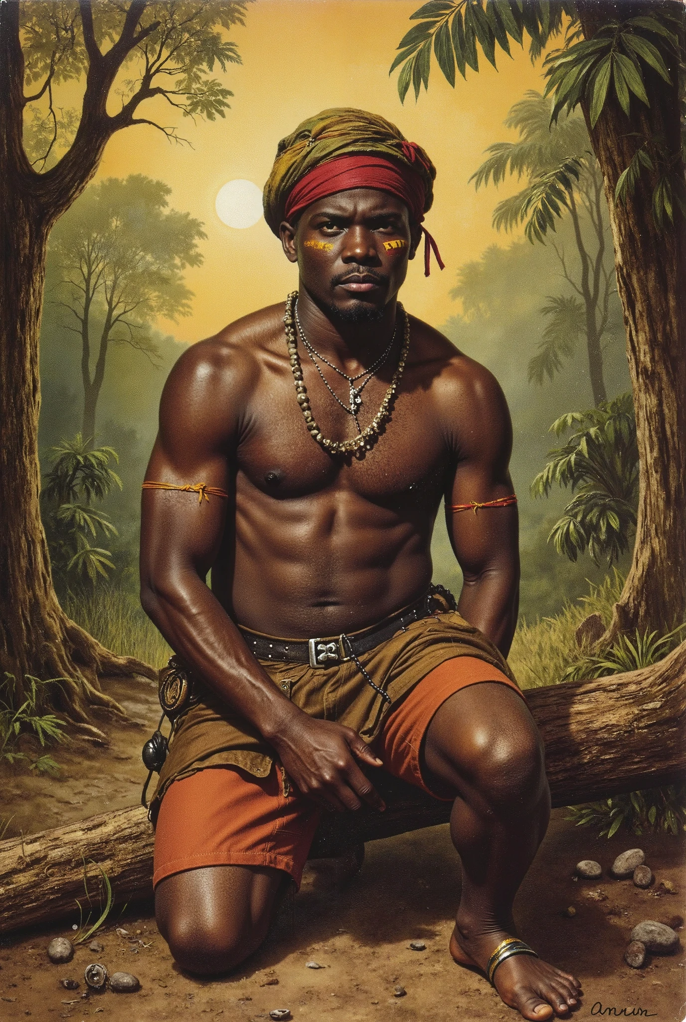 vintage pulp art, antqgldnCE style, pulp art style, 1man, Congolese, old equipment, traditional weapons, war paint, 1800’s Congo, jungle background, highly detailed art style