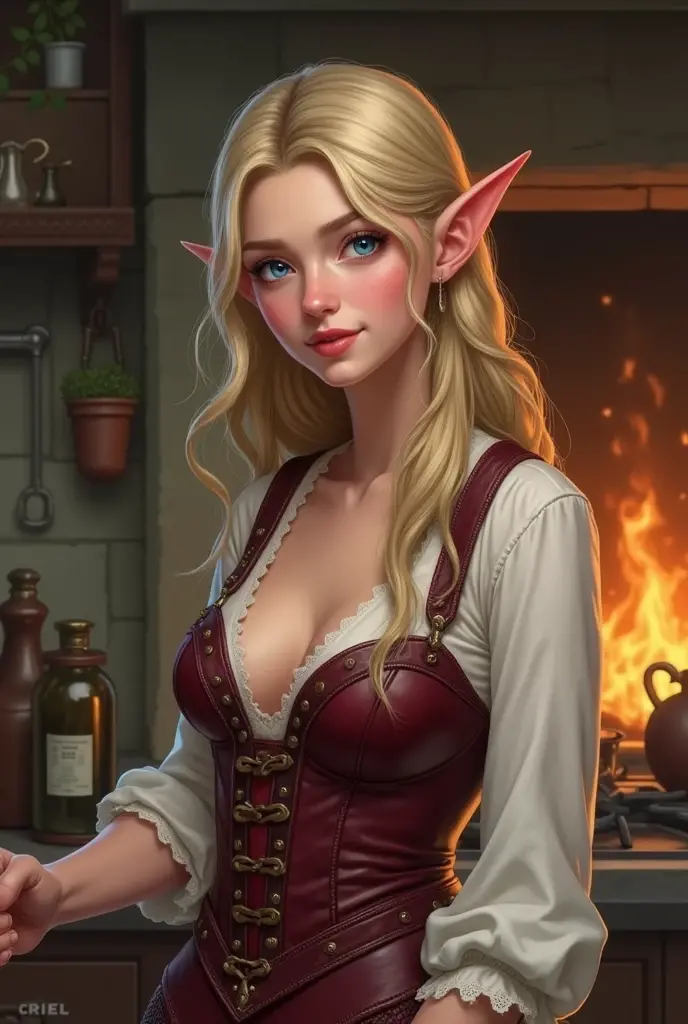 ((Best Quality)), ((masterpiece)), (detailed), 1 elf girl, ((big bust)), elf young woman, beautiful, wavy blonde hair The shape of the face is oval, with delicate and proportionate features. The eyes are a deep blue, bright and expressive, and slightly tilted upwards at the ends. The eyes are medium sized, highlighting on the face. The eyebrows are a darker shade than the hair., black. The eyebrows are arched and well defined. The nose is straight and elegant., with a small curve at the tip. The nose is of medium size. The lips are plump and soft.. The lips have a natural pink tone. The mouth is small and slightly curved in a soft smile.. There is no beard or facial hair. The skin is pale and smooth, with a healthy appearance. Skin tones of the face, There is a slight blush on the cheeks. There are no moles, freckles or scars on the skin. She's dressed in hunting clothes, made of leather, her shoes are made of leather. Gothic Leather Corset-Vest, wine color. Her white shirt has no straps, her shoulders are bare. It's inside the kitchen., She is making magic potions., In the background, you can see the fire..