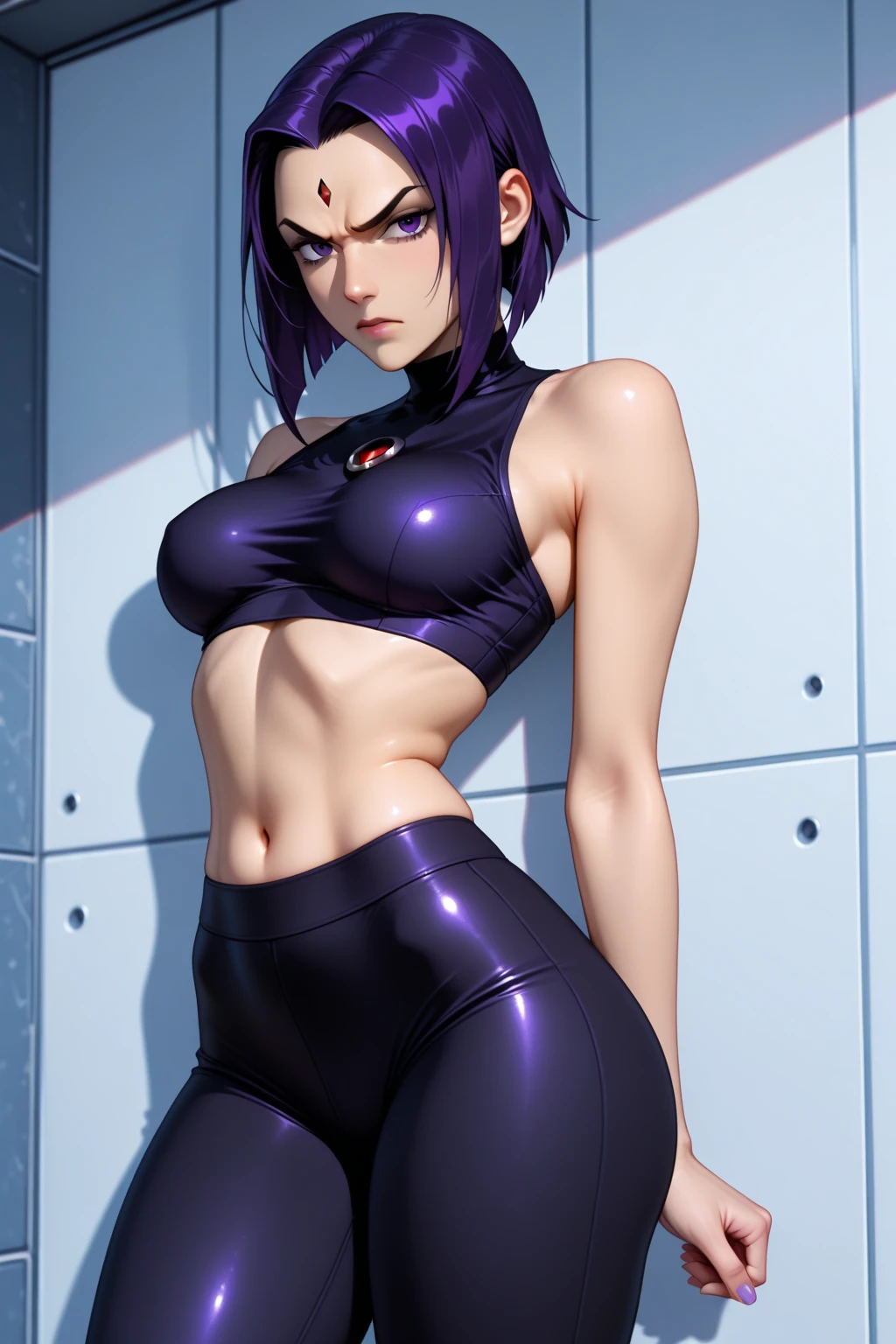 (masterpiece:1.4), highest quality, High resolution, lu1, cyborg, Multicolored Hair, compensate, Exposing shoulders, Black leotard, High leg leotard, (String:1.1), White jacket, Open jacket, belt, Shorts, Cowboy Shot, cyber punk, squat, wall, Abdominal muscles, A woman sitting facing the front , cyber punk, cybercore, Underarm, Bobcut, juicy thighs, Muscular woman, dirty, shiny and bright skin, Smooth surface, Tight body suit, Beautiful Face, Cute face、Plump