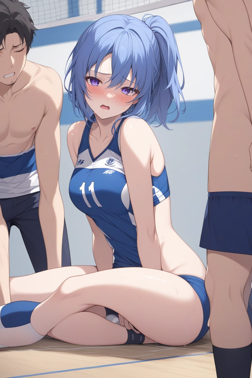 score_9, score_8_up, score_7_up, source_anime, takeda hiromitsu style, ((1girl, short stature)and(1shota boy, short stature)),hetero, (1 girl:1.4),(fighter:1.2), (medium hair, bun_head),straight hair,sky blue hair,sky blue eyes, flat chest, pale skin,shiny skin,(rolling eyes:1.4),(trembling), erectile nipples, ((She wears Spacesuit)), cum in pussy,(cum on clothes:1.4), cum on breasts,cum on body,cum facial, bukkake, cum in mouth,cum on hair,(excessive cum), (1shota boy, short stature,smug:1.4),small penis, dark-skinned shota boy,interracial, sex,sex from behind,all fours,((grab her hip)),((((motion lines)))), (wrestling ring),