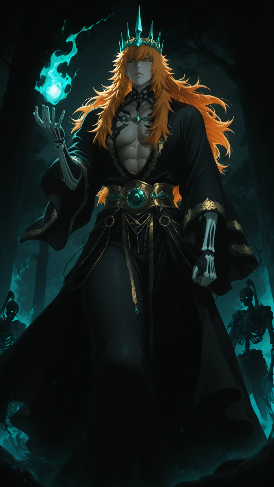flat color, WaifuDiffusionStyle, neutral background, white splash stylized outline background, 1boy, kurosaki_ichigo, long_orange_hair, flowing_hair, intense_gaze, pale_skin, ornate_gold_crown, jade_tiara, toned_abs, open_robe, black_robe, gold_embroidery, white_inner_robes, broad_shoulders, regal_stance, outstretched_hand, swirling_red_mist, ghostly_hands, skeletal_spirits, necromancer_aura, dark_fantasy, chinese_calligraphy, moonlit_fog, dramatic_backlighting, ink_wash_background, lavish_gold_details, tattered_sleeves, emperor_of_the_dead, stylized_art, thick_thighs, warm_soft_lighting, mature_sensual_atmosphere