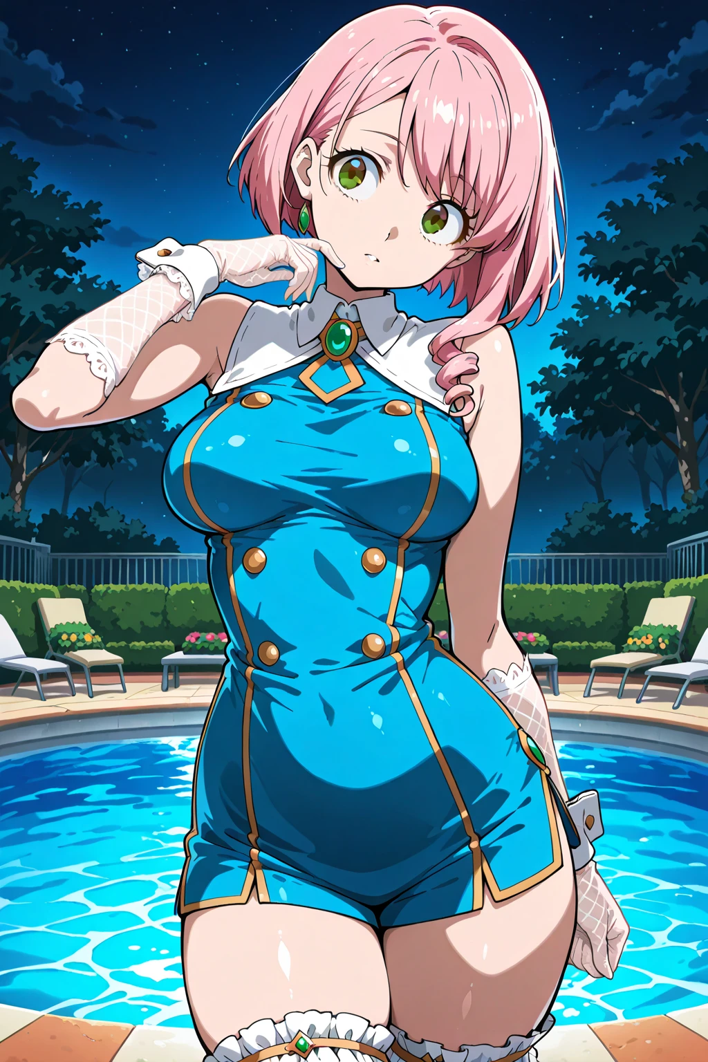 (masterpiece, best quality:1.2), cowboy shot, (solo), (1girl):1.5, glasses, long fluffy pink hair, hair blowing, gorgeous body, wide hips, slight smile, ((very sexy and transparent (blue nigthdress)) with exposed navel), musculous belly, gorgeous huge breasts, ((pink breasts niples) under very transparent blue nigthdress), (cameltoe), in front a waterfall in a windy beach, view form sea to beach.