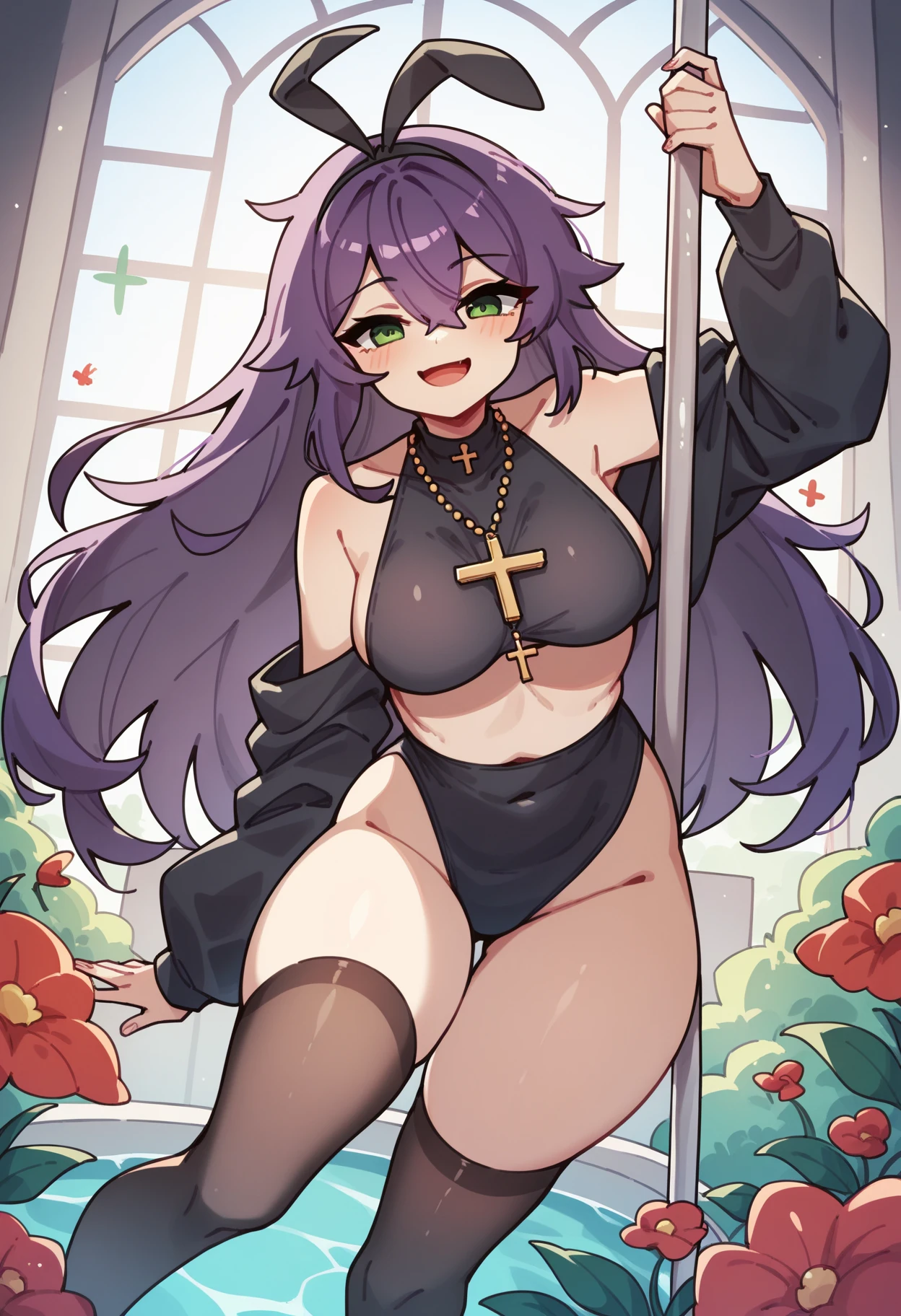 A magazine cover of witch, glasses, big breast, mini bikini pink stripes, pink striped thigh high socks, thong