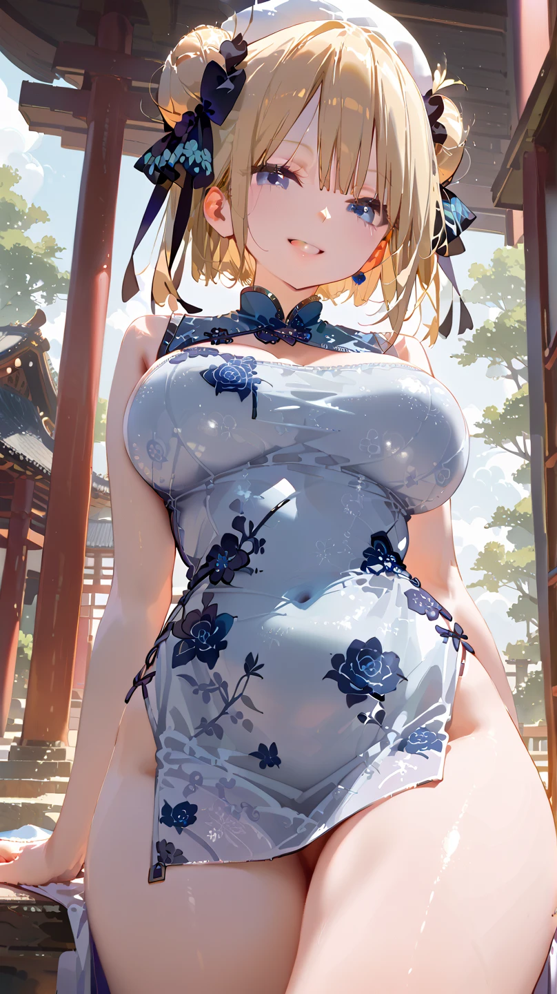 (masterpiece,highest quality,超A high resolution),Japanese women, (((Very beautiful 18 year old girl))), pretty girl、Look at the photographer、 ((Beautiful blonde bob hair)), Very cute face, Glossy Lips, Double eyelids on both eyes, blue eyes, Natural smile、 Natural Makeup, Long eyelashes, Shiny and smooth hair、Center image, Perfect limbs, Perfect Anatomy,(((Shiny Chinese Dress white panties))),undressing panties,Pull your pants down to your knees、Wet with sweat,Cowboy Shot,