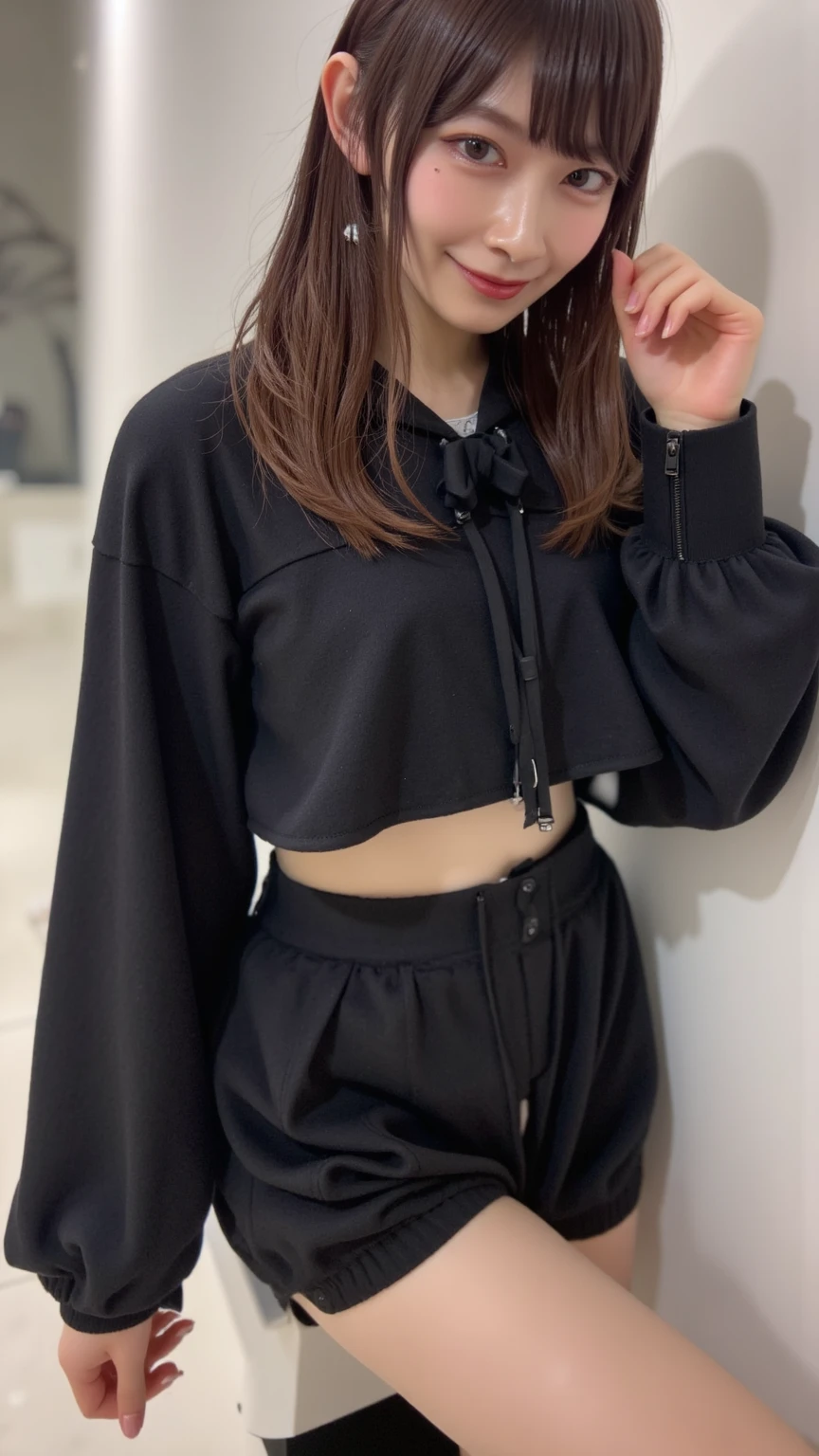 Japanese Girl sees the ghost and pees her black palazzo pants until her pants are wet in fright.
