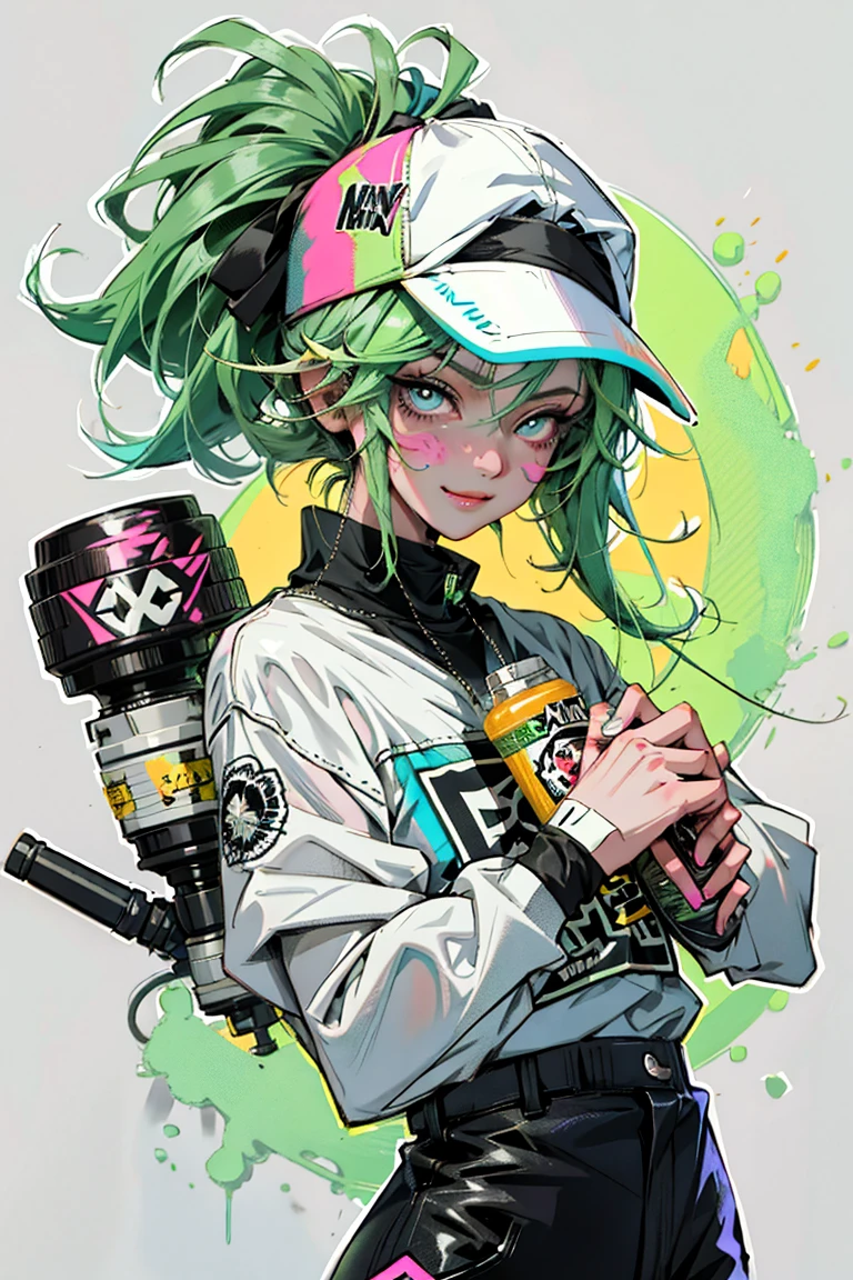 anime slim girl with a cap and a mask, thin face, holding a spray can, green messy hair, street background in neon pink and blue colors, stickers, smirk face, harley vibe, bad girl, very clear smooth face cheeks, pretty bbgirl face
