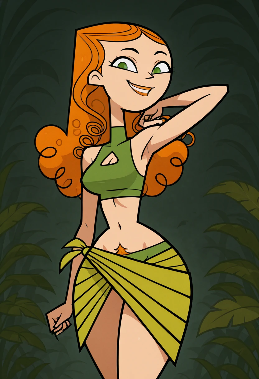 centered, professional photo, (looking at viewer:1.2), smiling, | Izzy_Total_Drama, long hair, 1girl, solo, orange hair, green eyes, midriff, upper body, clothing cutout, cleavage cutout, , | jungle, | bokeh, depth of field, contrapposto, cinematic composition, | <lora:Izzy_Total_Drama:0.8>