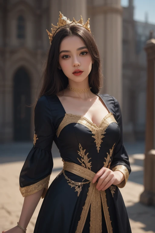 White Brazilian woman in a black embroidered dress with a red cape and apart from the cape, everything else is black and a lot of accessories