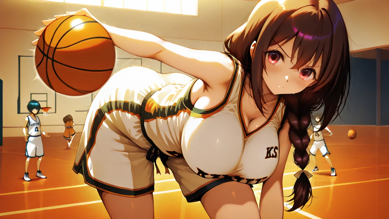 ((Masterpiece, Best Quality, 8K)) ((Perfect hands, perfect face, perfect body)), her hair is dark brown, her hair is long, her skin color is light, her eyes are round but almond shaped , they have an intense but sweet look, he has a beautiful full mouth, the eyes are dark brown in color, the cheeks are soft and natural red,((she is at the football pitch while wearing football clothing)) full body figure, yes sees the whole body, sinuous hips