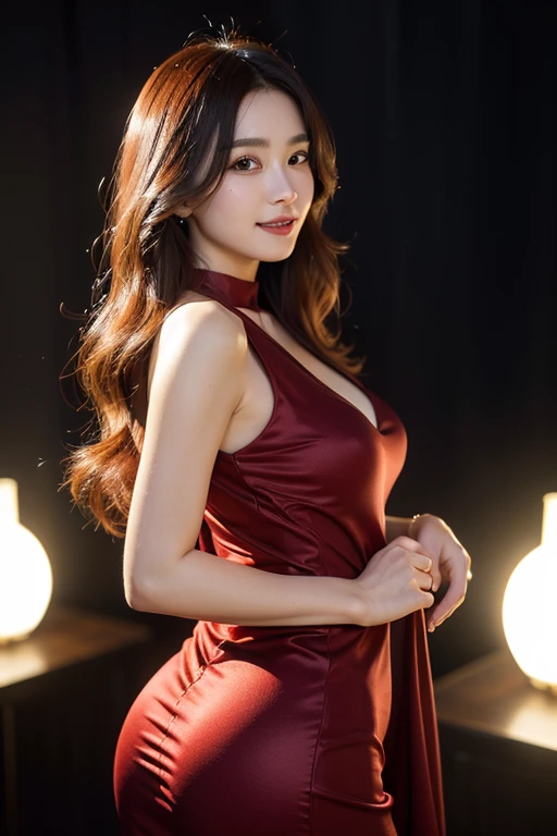 Ultra HD resolution，artistic photos，Professional Photography，((21 year girl, earrings and golden chain, smiling at viewer, long brunette wavy hair, cold ultra realistic skin, wearing a very sexy form fitting red silk mini dress)), very little cleavage, posing like a model, in a shopping mall at night, smiling at viewer, natural red lips, attention to detail
