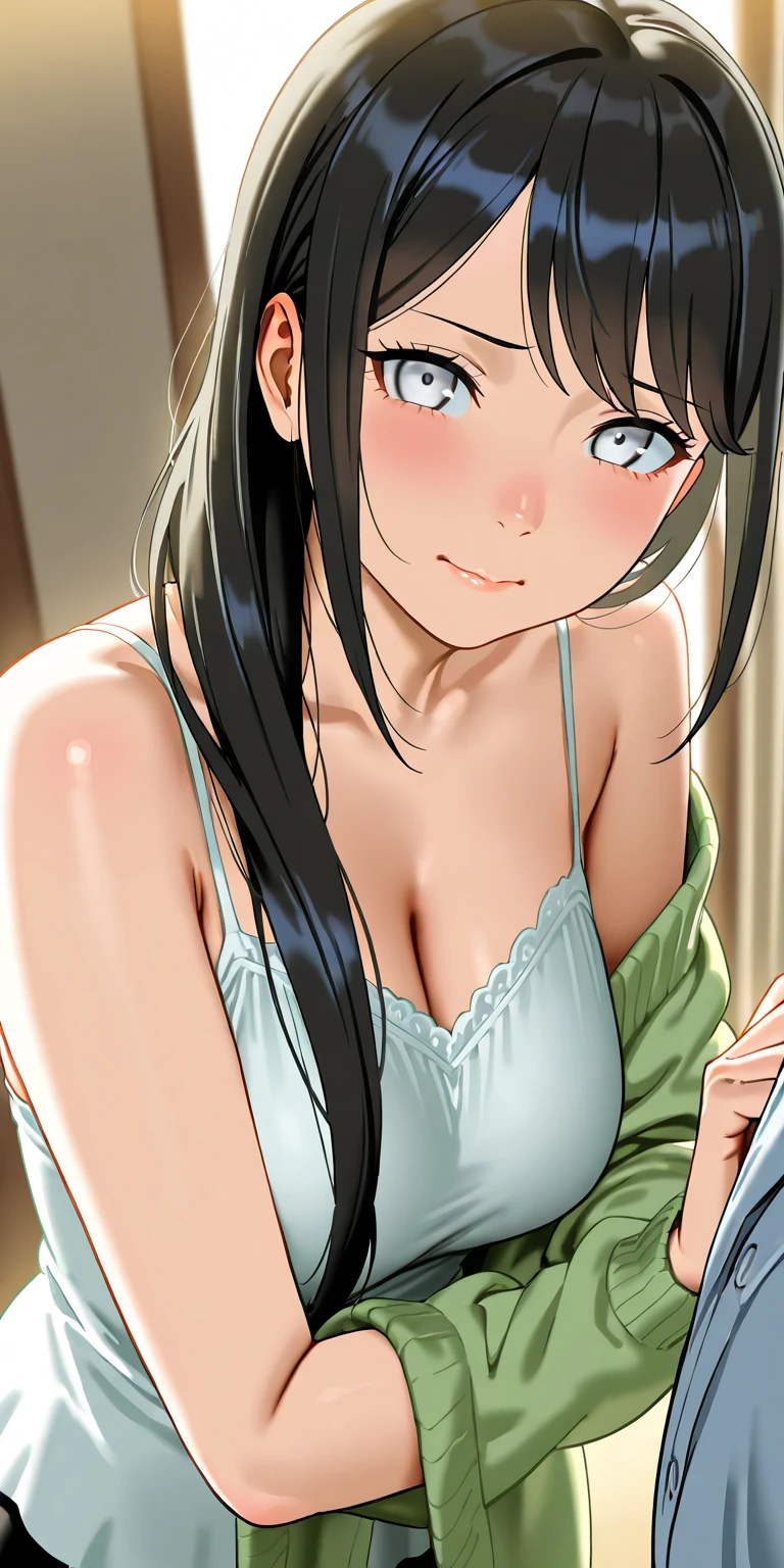 Woman, Athletic and toned body, light skin tone, long black hair tied in a ponytail, green eyes with a penetrating and seductive look, breasts big, exciting look, hair wet, wearing a white robe, lying on your stomach supported on your hands, is on a bed in the school dormitory