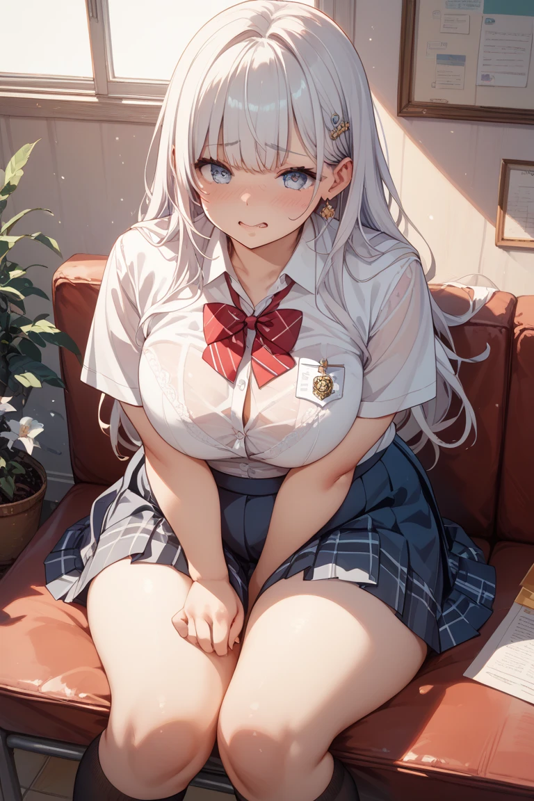 (8K, Best Quality, Masterpiece:1.3)), Ultra High Resolution, (One Girl, One Person), (Color Changing Eyes, Super Detailed, Expressive Sparkle, Sparkling, Glowing Eyes), Highly Detailed Eyes, Highly Detailed Face, Random Hair, (Silver Gray Color), "A woman lying on her back wearing a blazer with a low neckline." The background is the school nurse's office, lined with beds and curtains. It is after school, and the soft light from the window warmly illuminates the entire nurse's office. The woman is lying on her back, her silver hair spread across the pillow.

She is wearing a black blazer with a low neckline. The V-shaped cut of the blazer accentuates her chest, and a cute light blue bra is visible underneath. The bra is decorated with lace and ribbons. The skirt of her uniform is slightly lifted, and the skirt above her knees hangs over the edge of the bed.

She is wearing a peaceful smile with a slight blush. Her figure blends in with the tranquil atmosphere of the nurse's office, and the lighting in the background adds a soft glow to the whole image.