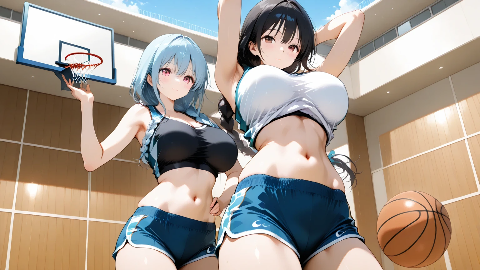 Two young women, (anime), full body poses, exercising intensively in a gym, wearing sport bras and thong made of see-through fabric, with sweat glistening on their bodies. Both have detailed short and messy multicolored hair with smirks face, and one of them has visible pubic hair. They have toned athletic bodies whit slim waist and huge sized breasts. (puffy nipple:1.3)