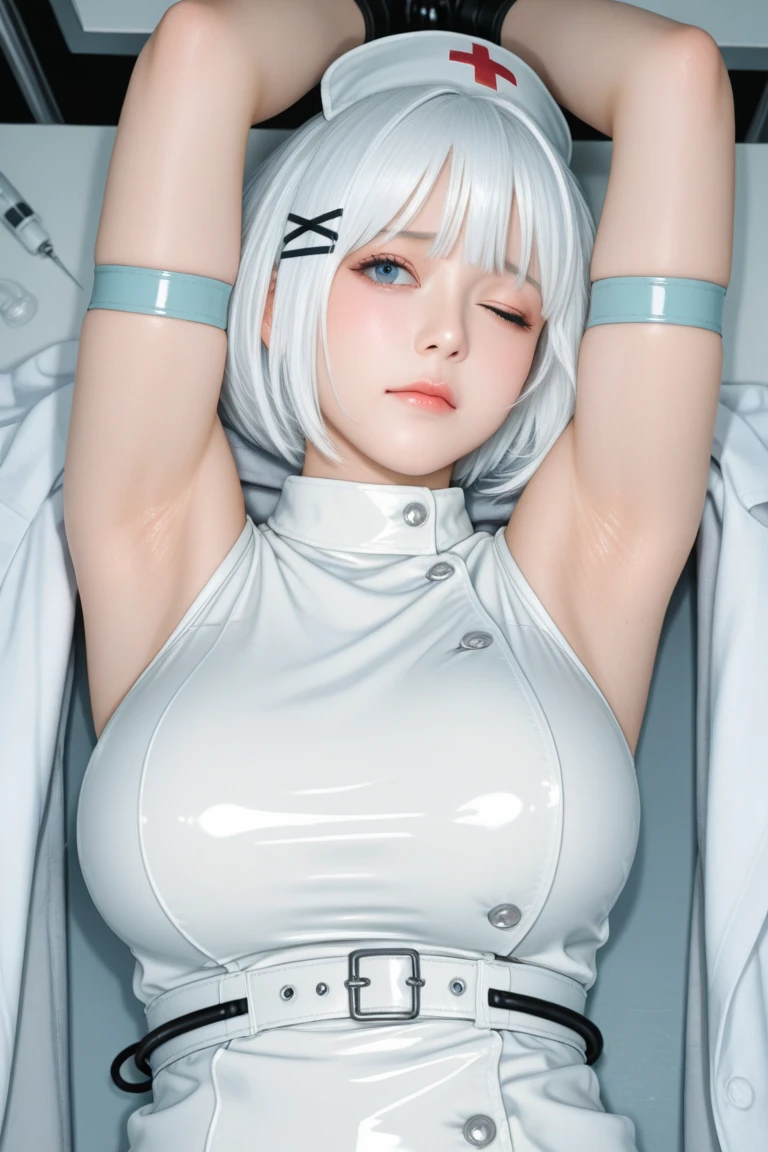 best quality, ultra high res, 1girl, masterpiece,,plugsuit, bodysuit,solo,((( huge breasts))), white_bodysuit, pilot_suit, lance_of_longinus, bangs, Triangular psychosensory devices on both sides of the head, souryuu_asuka_langley,taut_clothes,bokeh,clothes with a sense of mechanical technology, the small logo pattern on the chest is zero,(((short hair))),(((short hair))),(((short hair))), bodysuit, white bodysuit, pilot suit, bangs, light particles, <lora:shirtliftALORAFor_shirtliftv1:1>,shirtlift,ayanami rei<lora:evaAyanamiRei_arV1:0.7>, <lora:museGirlfriendV2_v2:0.3>