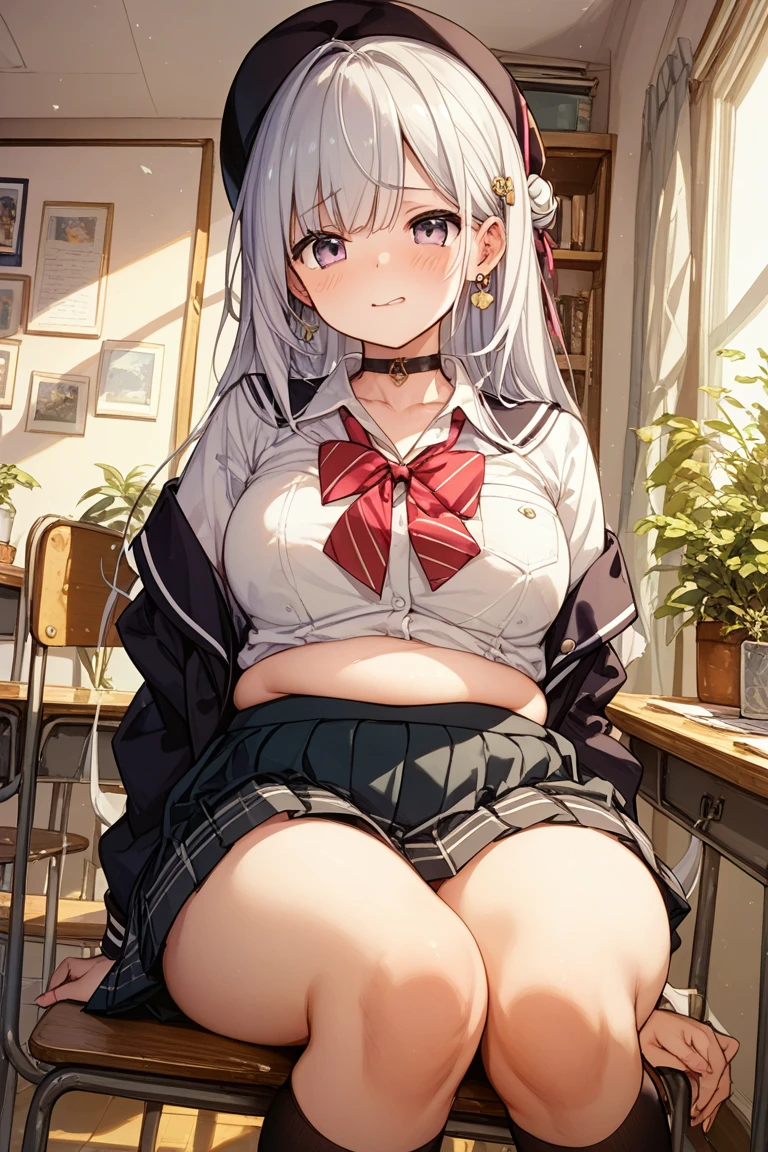 ((1 girl:1.5))、(smile:1.5)、、（cowboy shot）、(fun!!)、(white cardigan:1.5)、(dog ears)、(silver hair)、(blush:1.5)、(long hair)、(eye highlights:1.3)、blake black shoes,(黒いskirt:1.5)、bow, button, shirt with collar, long sleeve,  ((red bow tie, ,, white shirt, チェック柄のskirt:1.5、white socks)),, shirt,, skirt, socks, thighs, white shirt, Rest indoors, ((classroom:1.5))、 BREAK while watching the audience、 (perfect hands, perfect anatomy),cowboy shot、(skirtlift:1.3),(highly detailed white panties:1.3)、(highly detailed panties:1.3)、、(skirt that rolls up:1.3)、(fully exposed panties:1.5)、light blue eyes