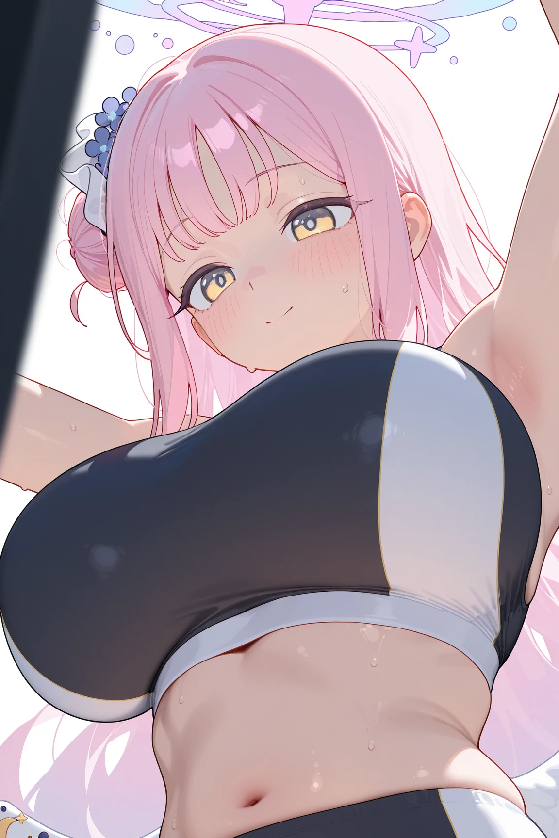masterpiece, best quality, very aesthetic, absurdres,nsfw,1girl, solo,
child, (oppai loli:0.7), (pink hair:1.3), asymmetrical bangs, (single_hair_bun:1.1), ahoge, BREAK
blonde eyes, pale skin, large breasts, light areolae,
from above, looking away, slingshot swimsuit, contrapposto, armpits, arms up, comp
white thighhighs, blush, expressionless, shiny skin,
indoors, locker room, easel, window blinds, curtains,