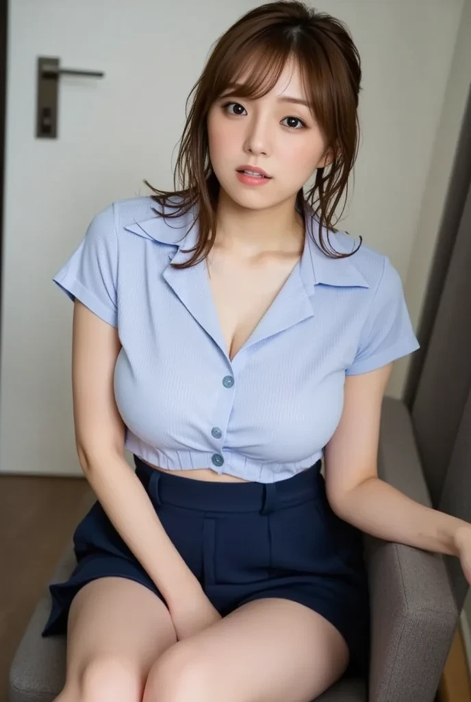(nsfw:1.5)、masterpiece、highest quality、16K、soft light、professional lighting、Pale shading、Weak contrast、Japanese、beautiful girl、daytime office、Window seat、sitting in front of the computer、A light, pale blue-purple tight blouse、pleated skirt of beige color、smooth and beautiful thighs、(big breasts:1.3)、Faint cleavage、fine and beautiful eyes、cute hanging eyes、gentle smile、(Thin, straight, long hair、high ponytail),(The bangs are see-through bangs)、